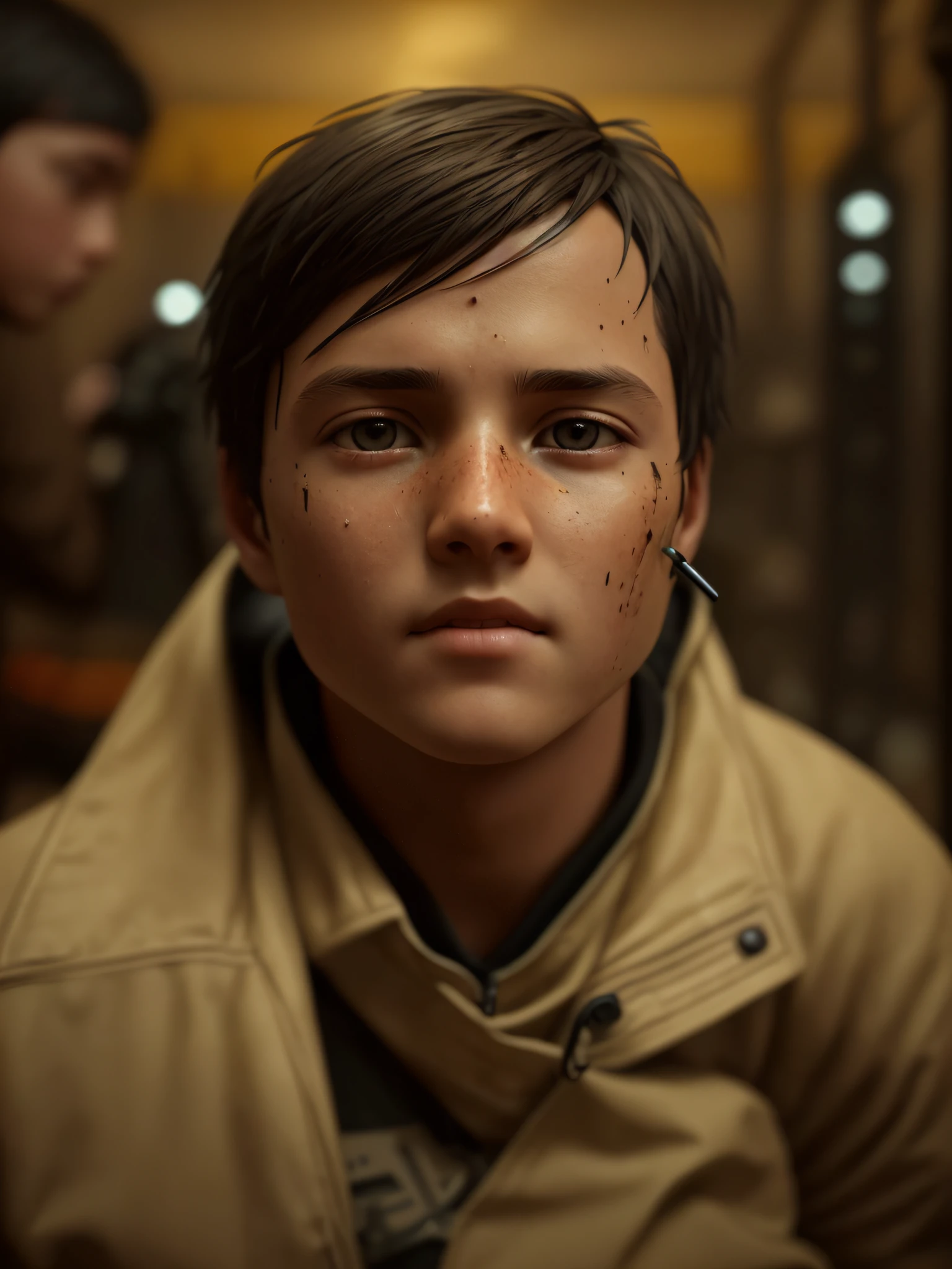there is a young boy that is looking at the camera, small character. unreal engine 5, next gen, profile picture 1024px, unreal engine 5 quality render, detailed unreal engine 5 render, unreal engine 5 highly rendered, rendered unreal engine 5, ultra realistic concept art, made in unreal engine 5, 8k portrait render, highly detailed vfx portrait cyborg man portrait, exposed wires, gold oil leaking from rusty wires