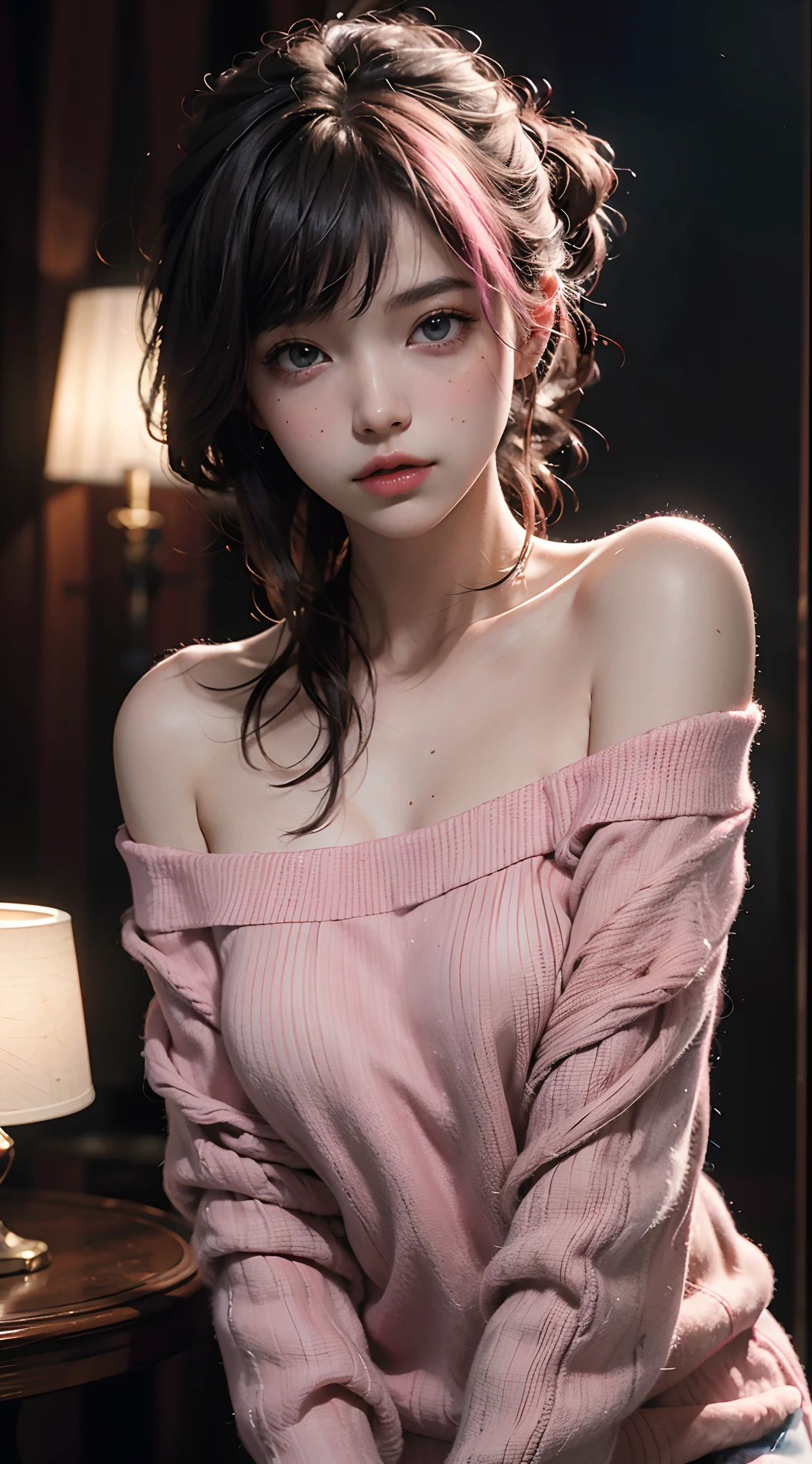 Best Quality, Masterpiece, Ultra High Resolution, (Realisticity: 1.4), Original Photo, 1girl, Pink Off-the-Shoulder, Cinematic Lighting