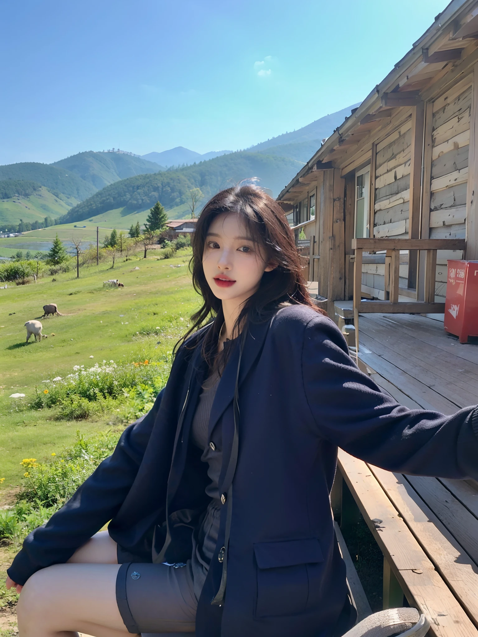 Woman sitting on a bench in front of a wooden house, 8K)), bae suzy, jaeyeon nam, xintong chen, On a sunny day, Shin Jinying, personal profile picture, Profile image, gongbi, sunny mid day, Korean girl, zmonzheng, sakimichan, Choi Hyun-hwa, onthe mountain, on a bright day，（（（Open-mouthed））），（（（teeth））），seductiv ，（（（White mesh stockings，Ripped stockings）））