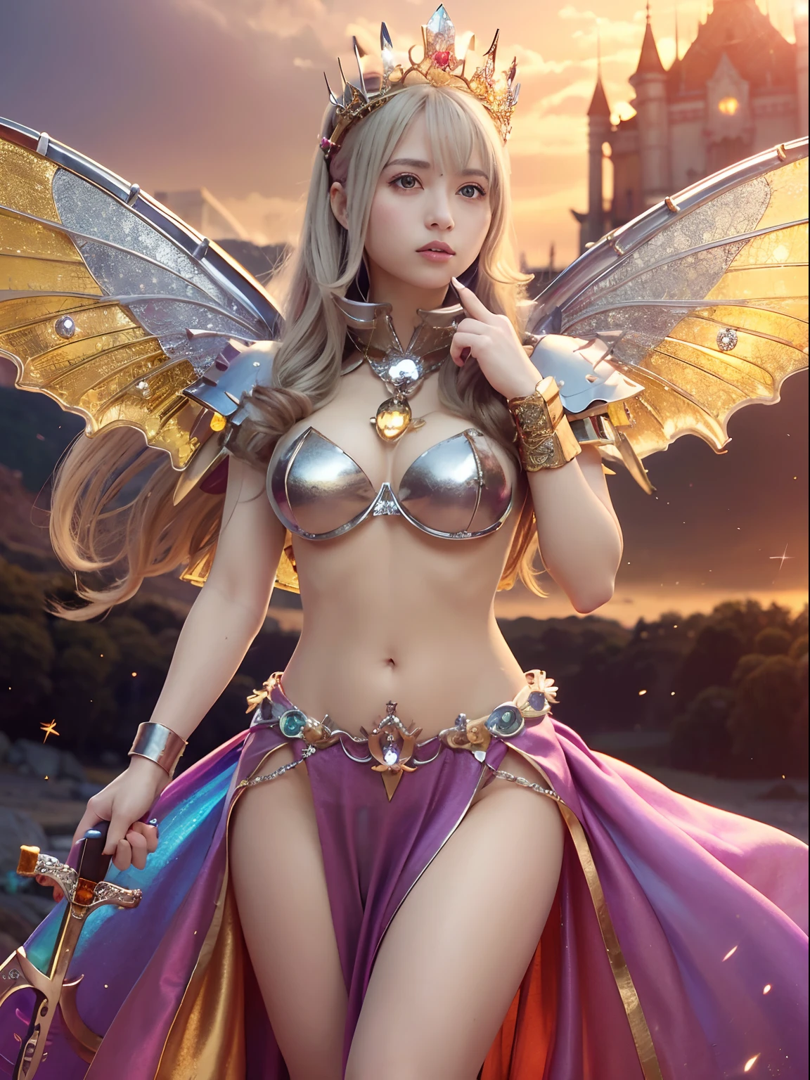 (masutepiece), Professional , masterpiece、top-quality、photos realistic , depth of fields (Gemstone Silver Metal Body:1.9),(Matte Silver、Jewel Gold Weapon、(Gorgeous castle background)、(ultimate beauty girl)、(Rainbow fairy wings grow)、(Jewel Metal Body:1.9),Gorgeous Jewel Metal Weapons , Detailed Sword of the Brave ,( a blond) ,warhammer 40k ,((maikurobikini))、Particles of light、 adepta sororitas,Detail and ornate jewel crown、独奏、Brown hair、(Gangle's forest background)、Beautiful Caucasian beauty、1a person、dynamic ungle,(((Diamond tiara with detail and luxury)))、a small face、Powerful poses、(Gorgeous castle background)、huge filesize、20 year old beautiful woman、Thin female fingers、Straight long hair、Beautiful Caucasian beauty、Valley、Fairy of Light、Particles of light、