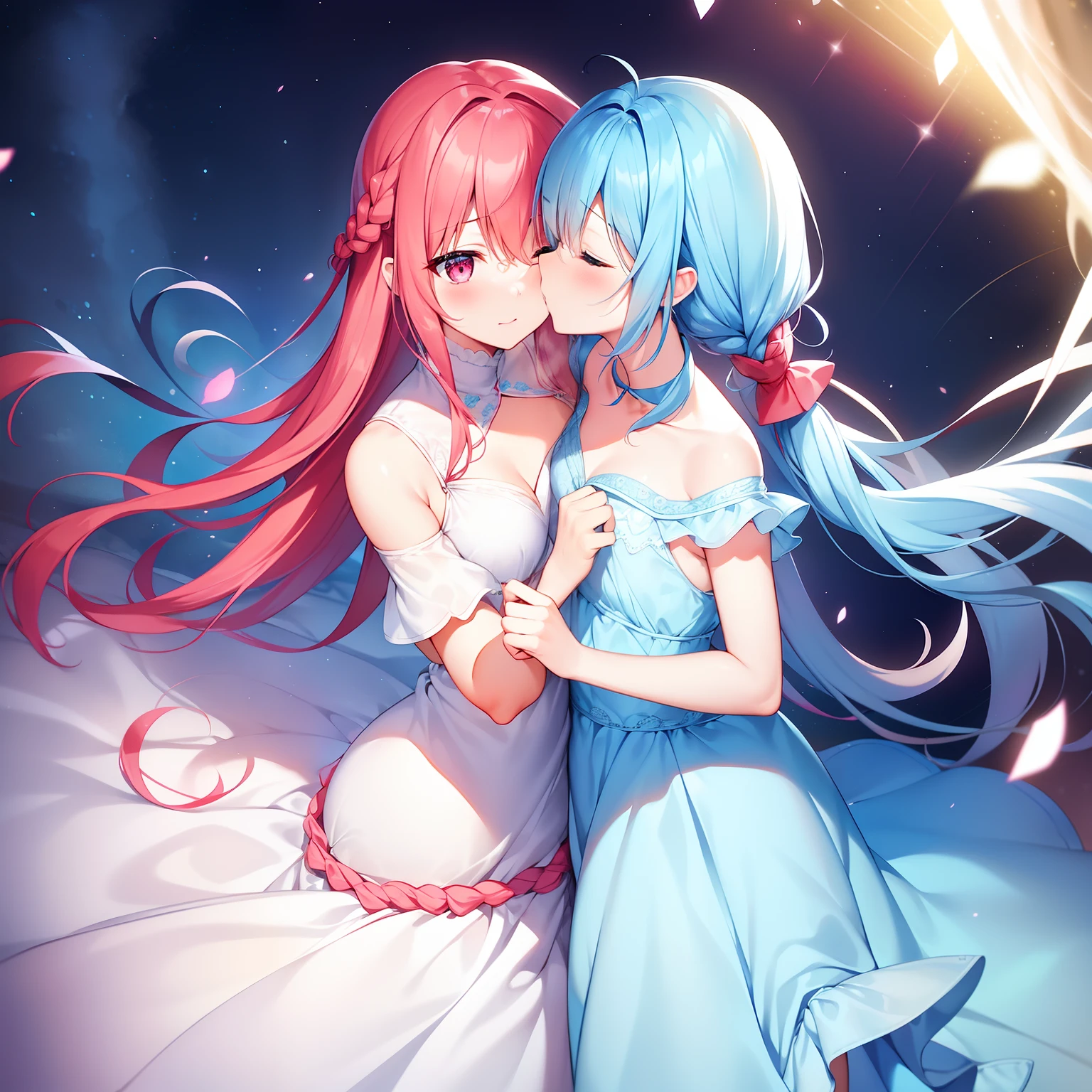 Light blue hair braid、Braided pigtails、Cat's ears、Wearing a white dress、flat chest、Mature redhead girl is tall、Red haired woman is masculine in masculine clothes、Red woman hugs blue girlfriend hot kiss((agitation)),lilie、The two dress up in Bian、Flirting、the kiss、Elated look、Hugging each other、Stars shining in the night sky、Blue light running around、Golden light runs around、Pink light running around、fantastical scenes、Glowing in the fog, An ultra-high picture quality,SLR style,focus-on,