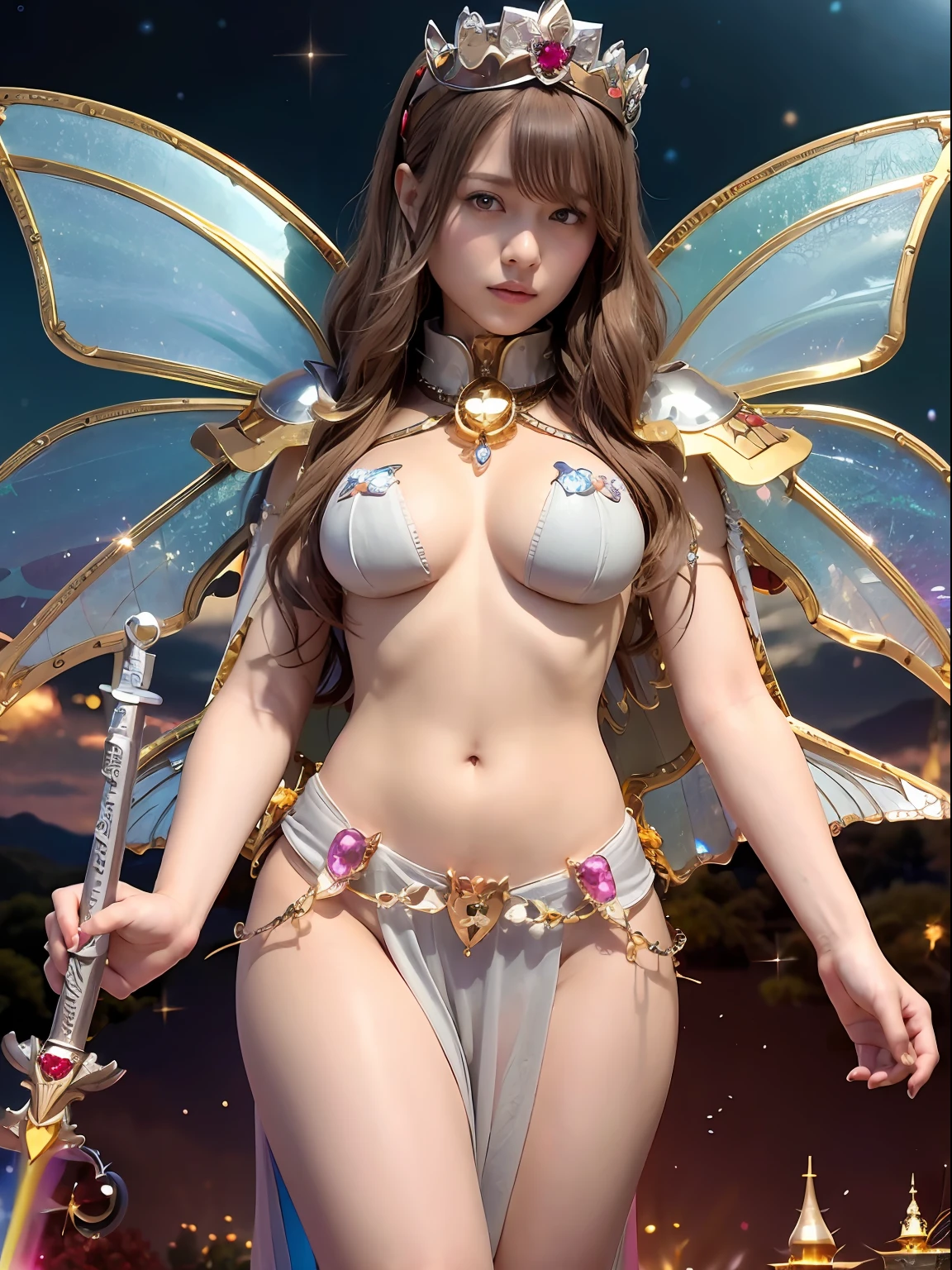 (masutepiece), Professional , masterpiece、top-quality、photos realistic , depth of fields (Gemstone Silver Metal Body:1.9),(Matte Silver、Jewel Gold Weapon、(Gorgeous castle background)、(ultimate beauty girl)、(Rainbow fairy wings grow)、(Jewel Metal Body:1.9),Gorgeous Jewel Metal Weapons , Detailed Sword of the Brave ,( a blond) ,warhammer 40k ,((maikurobikini))、Particles of light、 adepta sororitas,Detail and ornate jewel crown、独奏、Brown hair、(Gangle's forest background)、Beautiful Caucasian beauty、1a person、dynamic ungle,(((Diamond tiara with detail and luxury)))、a small face、Powerful poses、(Gorgeous castle background)、huge filesize、20 year old beautiful woman、Thin female fingers、Straight long hair、Beautiful Caucasian beauty、Valley、Fairy of Light、Particles of light、