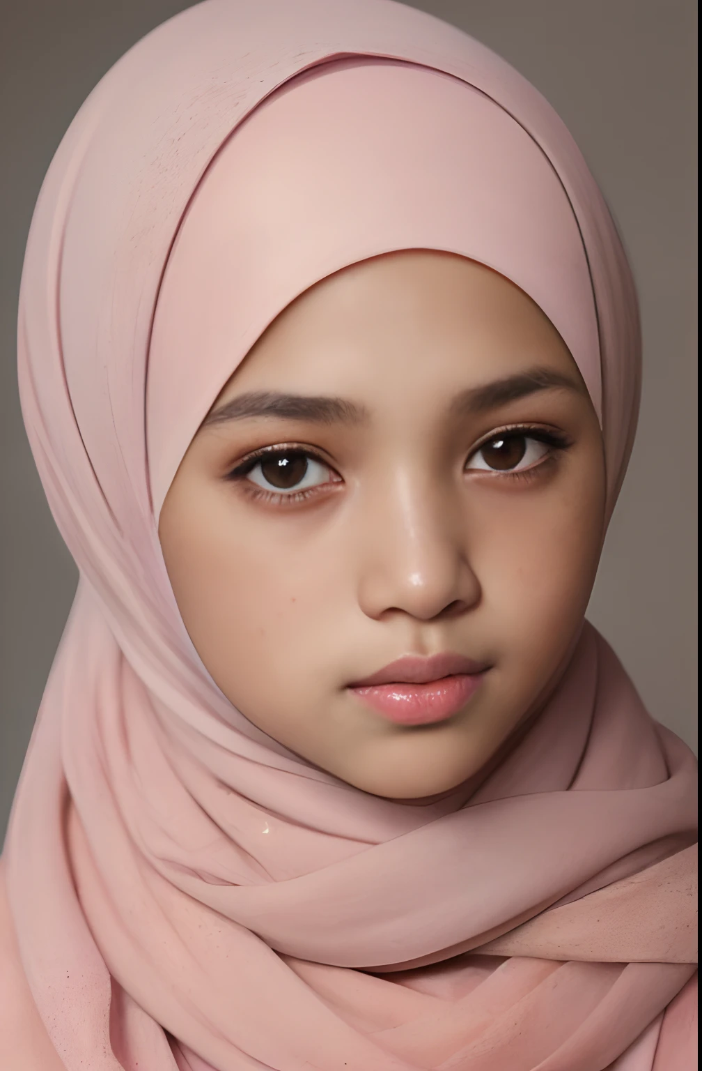 a photo portrait of a beautiful malay girl with hijab and few freckles, (plain pastel pink hijab), (medium shot portrait:1.3), dramatic light , Rembrandt lighting scheme, (hyperrealism:1.2), (8K UHD:1.2), (photorealistic:1.2), shot with Canon EOS 5D Mark IV, detailed face, detailed skin texture