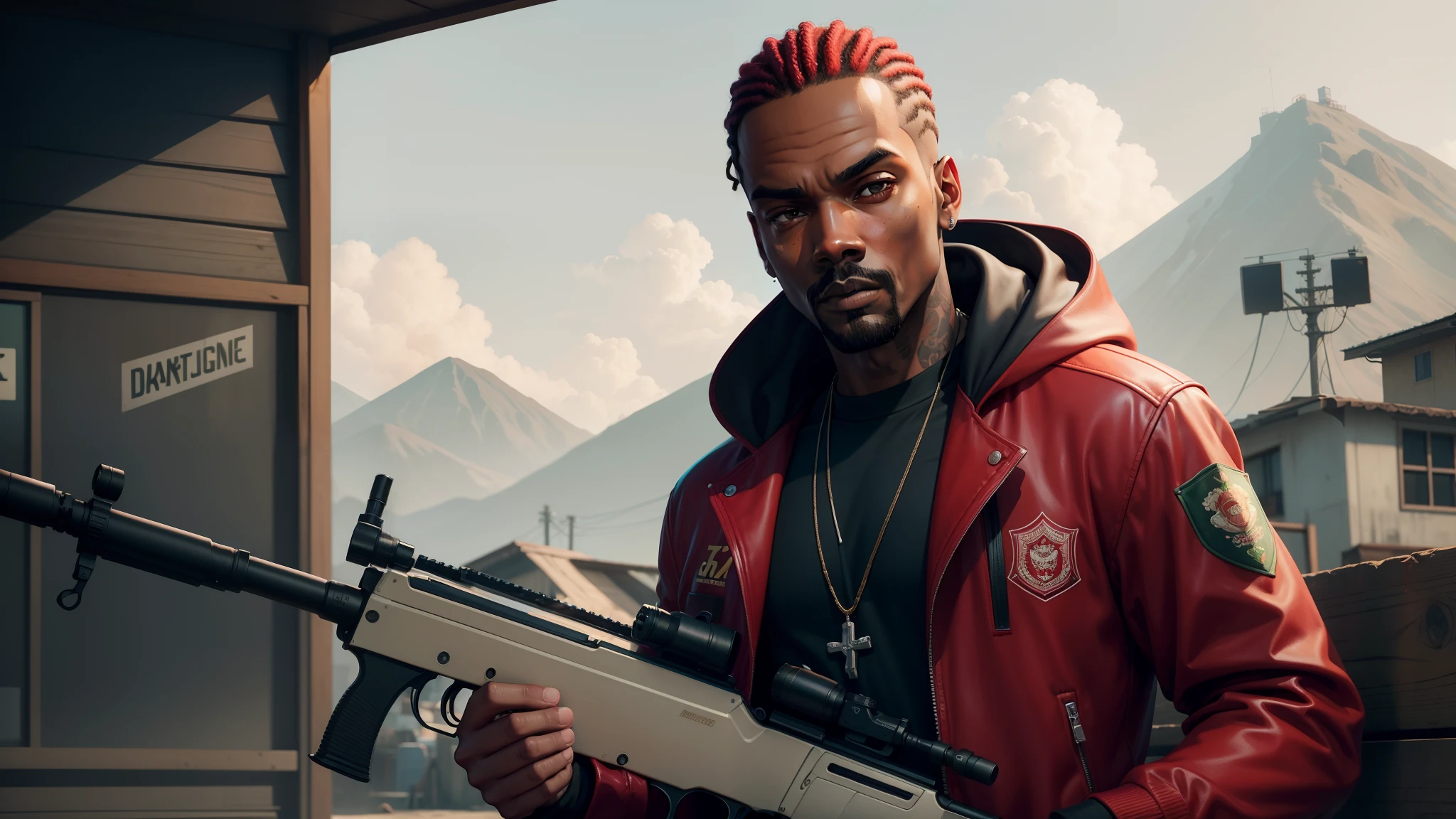 There's a man holding a gun on a wooden deck, gta personagem, Como o protagonista de GTA 5, GTA V Estilo, como um personagem de gtav, Kanye West em GTA v, drake em gta v, Estilo GTA5, gta v personagem, empunhando fuzil de assalto, Snoop Dogg em GTA V, gta 5 tom de pele, Jesse Pinkman em GTA v, jaqueta vermelha,AK-47 rifle, cenario de fundo uma favela estilo brasileira, e o personagem com calelo vermelho,nas costas dele uma favela ,estilo brasileira,um geto brasileiro
