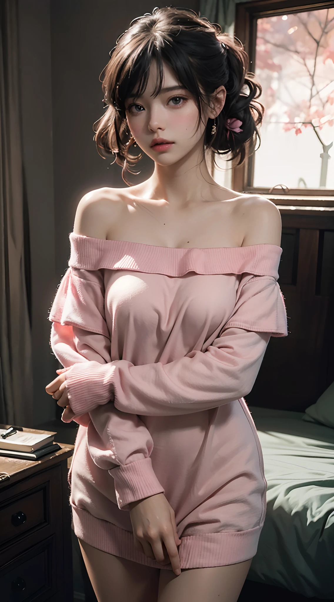 Best Quality, Masterpiece, Ultra High Resolution, (Realisticity: 1.4), Original Photo, 1girl, Pink Off-the-Shoulder, Cinematic Lighting