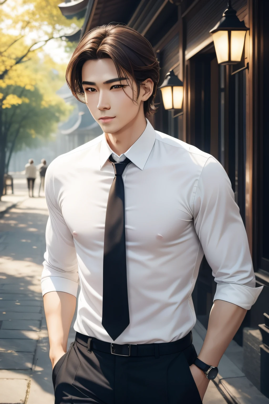 On a sunny afternoon,He walked the streets,The graceful steps seem to dance to a melody。A shallow smile outlined the bridge of his tall nose and slightly upturned corners of his mouth。Deep eyes like stars in the night sky,It contains endless wisdom and mysterious mystery。His brown hair was slightly disheveled,But it is the charm of that natural and casual nature,One can't help but want to get closer。 His facial features form perfect proportions,Handsome silhouettes blend with delicate lines。His high cheekbones,Gently outline the lines of your face,The soft chin line adds affinity to the entire face。His skin is fair and smooth,It seems to reveal a subtle halo,Make him shine even more。 He wears simple and elegant clothing,A white shirt is slightly open,Revealing his firm pectoral muscles,The gently raised tie is dignified and unrestrained。This confidence and calmness,He doesn't need too much embellishment,It has become the focus of attention of those around it。 No matter which direction he looks,All seem to be a masterpiece in a painting,That unique charm is indescribable,Can only leave a lasting impression in the heart。
