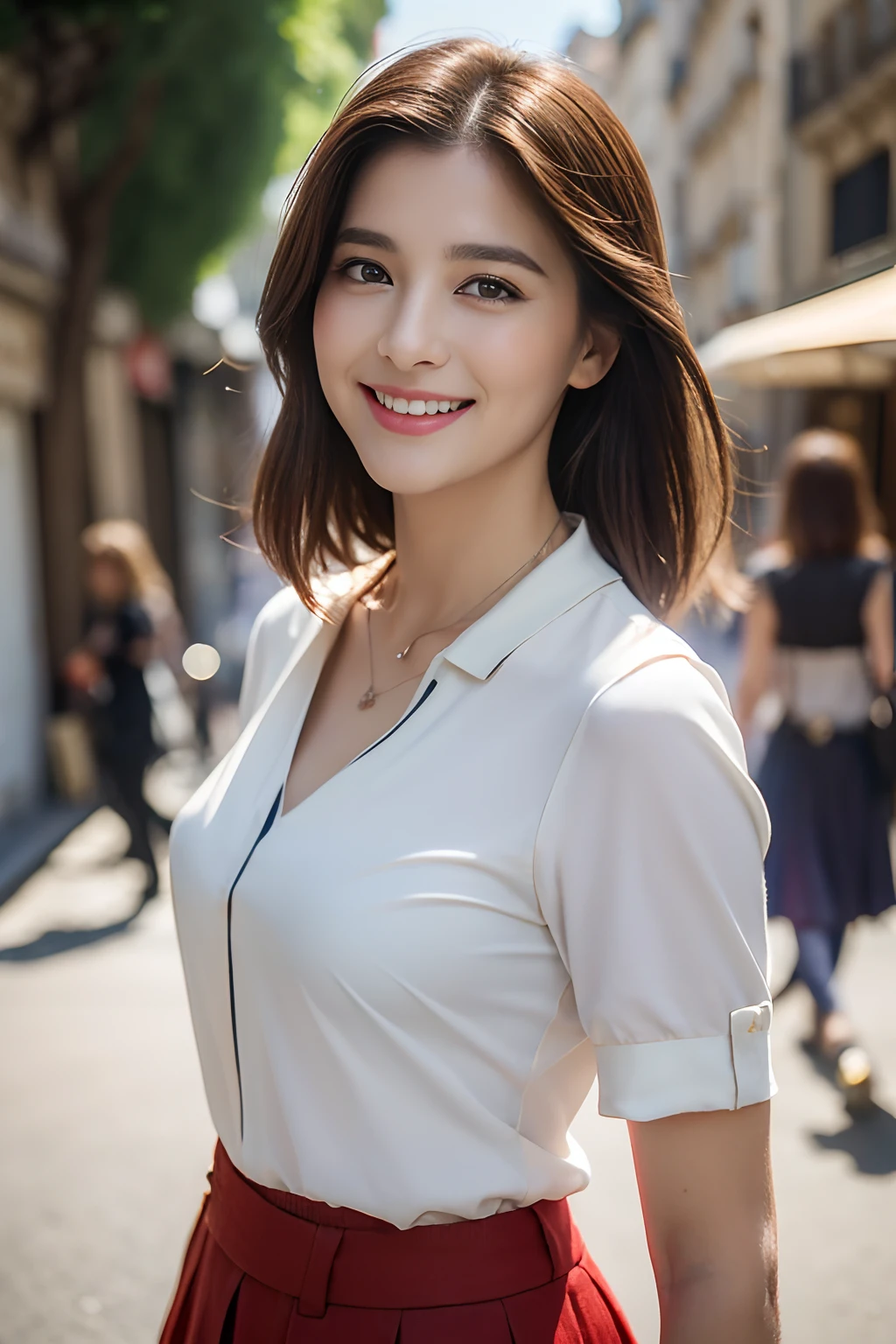 ((Streets of Paris、Realistic light、top-quality、8K、masterpiece:1.3))、1girl in、A slight smil、Slim Beauty:1.4、brown haired、polo shirts、Red bean-colored long skirt、Thin Silver Necklace、A detailed eye、zoomout、turned around、A smile、Facing to the side、