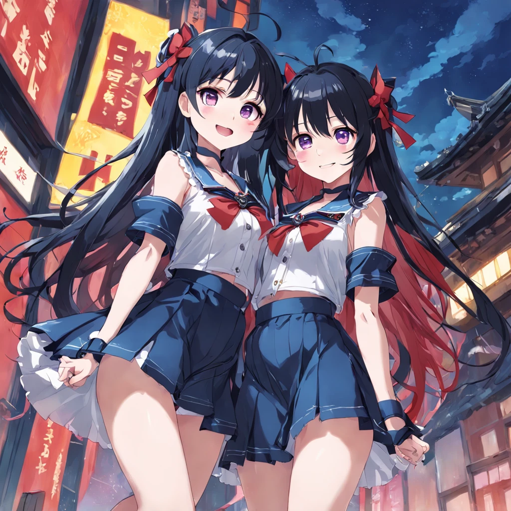 Masterpiece, Best quality, in a spring, 2girls, Absurdly long hair, Black hair, heterochromia blue red, Seductive smile, serafuku, a garter belt, shoes , Hair_decorations, arms behind  head,