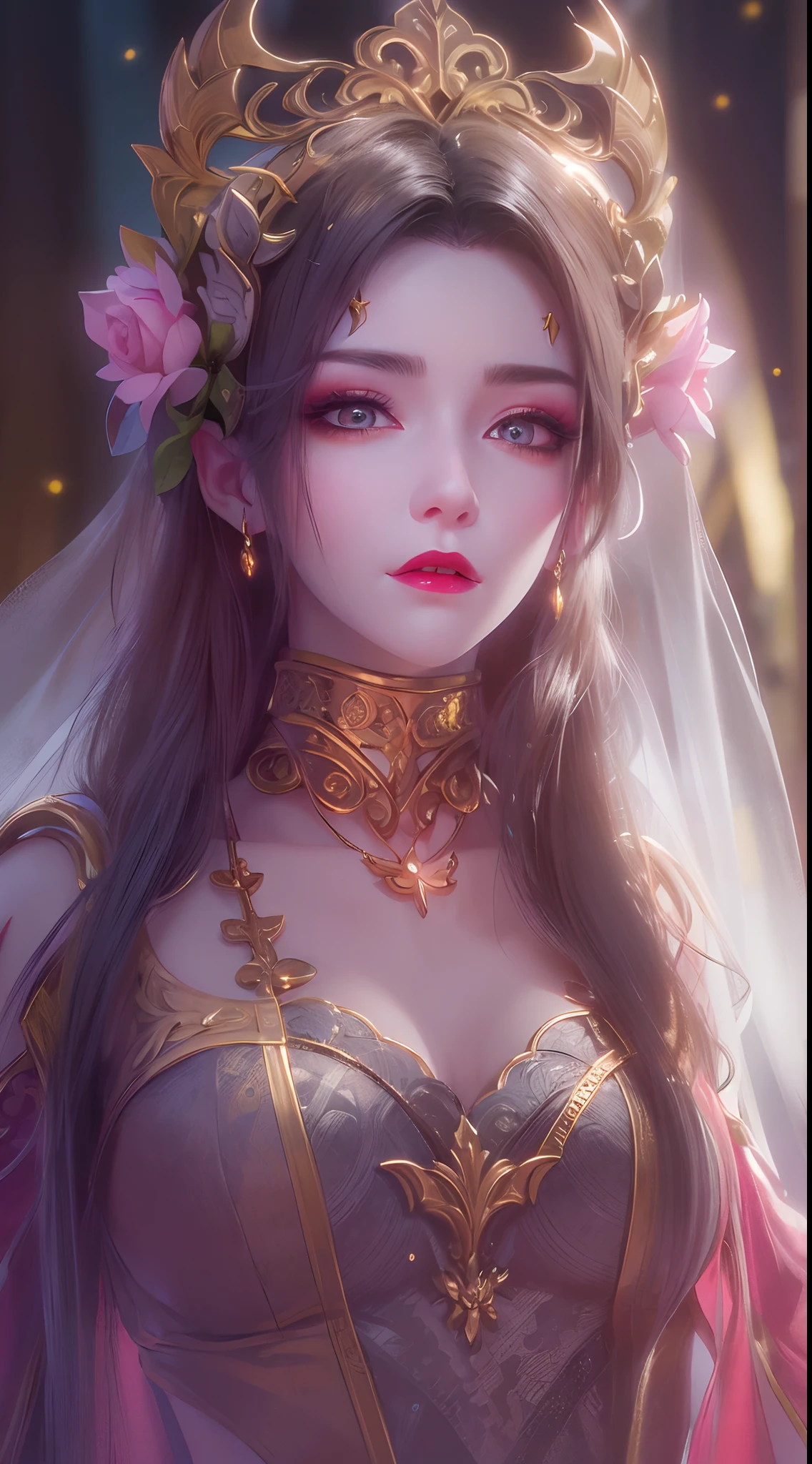 1 20 year old girl, 1 goddess Athena, pink purple silk dress, beautiful goddess Athena face without blemishes, delicate yellow nightgown, long thin sequin nightgown with many sexy black lace details, 1 beautiful thin red silk cloth half veil, female saint legend, female saint icon, beautiful goddess style glitter, dark and mysterious version, vermilion lips, plump red lips, not smiling, mouth closed, delicate and beautiful pino detailing, delicate and beautiful lip detail, , (pure and flawless face: 1.9), female saint body, round chest, big and round breasts, phoenix brooch, long flat bangs, (black long hair: 1.9), flower stickers tattoo on forehead, beautiful clear face and well-proportioned eyes, (light purple eyes: 1.8), (big round eyes and makeup, sexy wet eye makeup, very beautiful and meticulous hair makeup, long and delicate blonde hair, delicate, body image: 1.8), figure: and vivid, (stars that make up the sky: 1.7), (the sky of heaven and the fictitious gate of time and space: 1.8), fictional art, RAW photos, hanfu photos, best photos, high resolution, best quality, best photos, best goddess quality, 8k female, super 8 single saint portraits, truest color schemes, masterpieces, best beauty brands, best hair jewelry, brand real photo, dark studio, border light, two-tone lighting, (rose white skin: 1.4), (high skin detail: 1.1), 8k uhd, d slr, soft light, 8k, high quality, candid, volume Smooth and sharp, 10x pixel increase, sexy goddess, sexy goddess, (background space: 1.8), (most beautiful aurora eyes: 1.7), beautiful eyes, aurora beautiful and flowery, (beautiful single girl: 1.8), (more details:0.8),