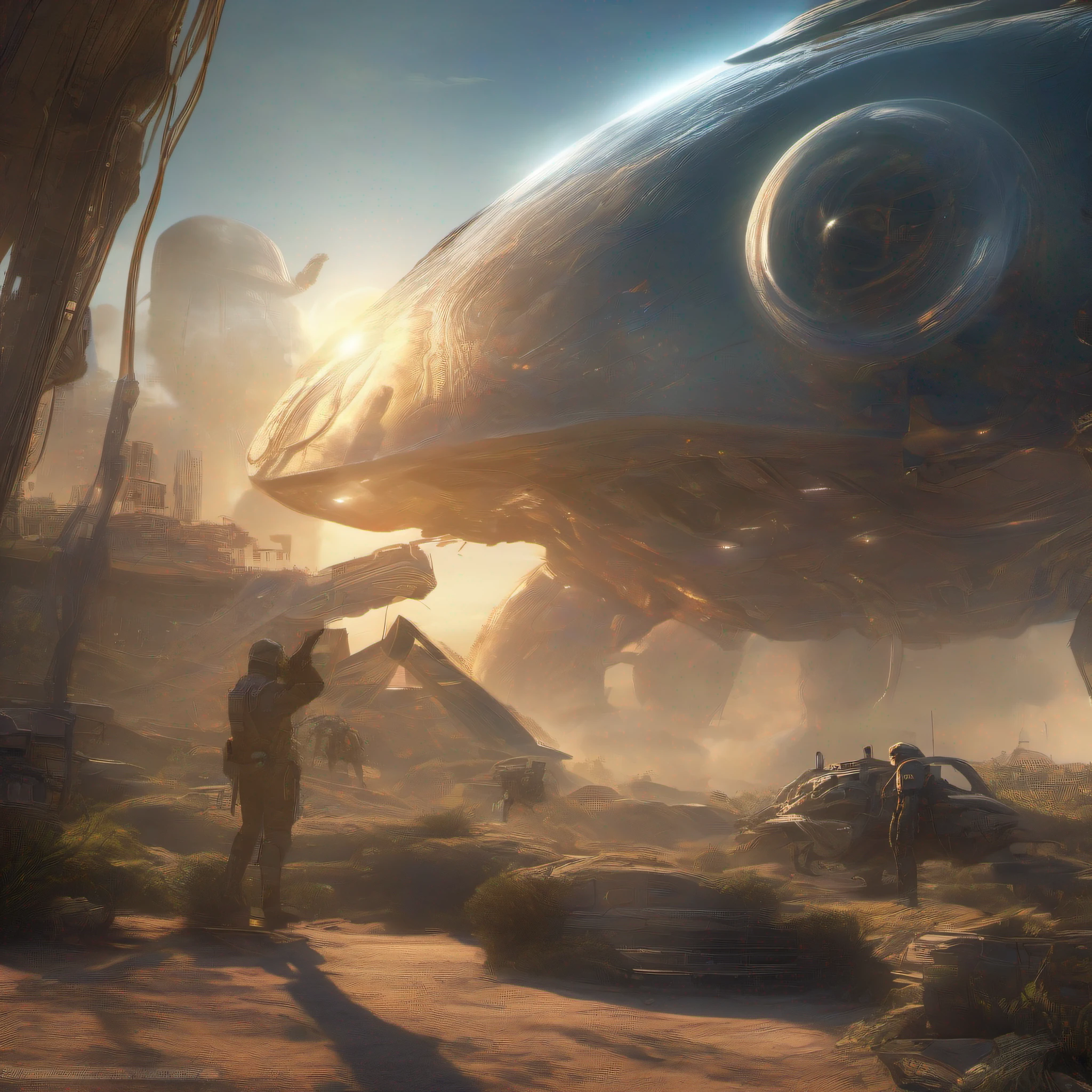 Reptile-looking aliens、Aliens with luminescent blonde hair and beautiful bodies like Westerners、Waging invasions and wars on Earth、Aerial battles between discs in outer space and in the sky、Earthlings fleeing、Masterpiece、realisitic、Highly detailed background,Realistic,ultra-detailliert,super detailed skin,light glow,Film grain,Expro II,Lens Flare,Sharpen,cinematic shadow