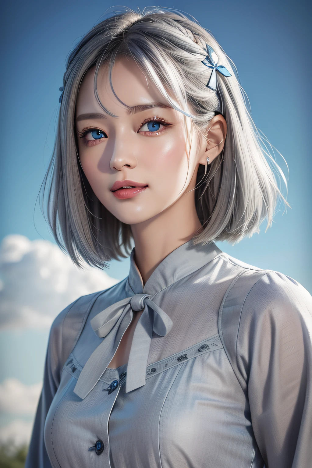 (Blue eyes:1.2)、The best smile、(Ash gray hair:1.5)、、short-hair,Sauce order、(8K、Raw photography:1.2)、top-quality、超A high resolution、dramaticangle、(fluttered detailed color splashs)、(Cute Japan Girl)))、(cabelos preto e longos)、(Sateen:0.9)、bow ribbon、There is an ancient palace next to the girl、 Hanff、(emphasized)、、(splashed color)、splashed color、(((colourfull)))、(Sketched:0.8)、​masterpiece、top-quality、beautiful painted、ighly detailed、(denoise:0.6)、[Splash ink]、((Ink refraction))、(Beautiful detailed sky)、 a moon, muito, detaileds, (​masterpiece, top-quality, ighly detailed) , ​masterpiece, top-quality, ultra-detailliert), (garlic),(Raw photography、top-quality)、(realisitic、Photorealsitic:1.3)、