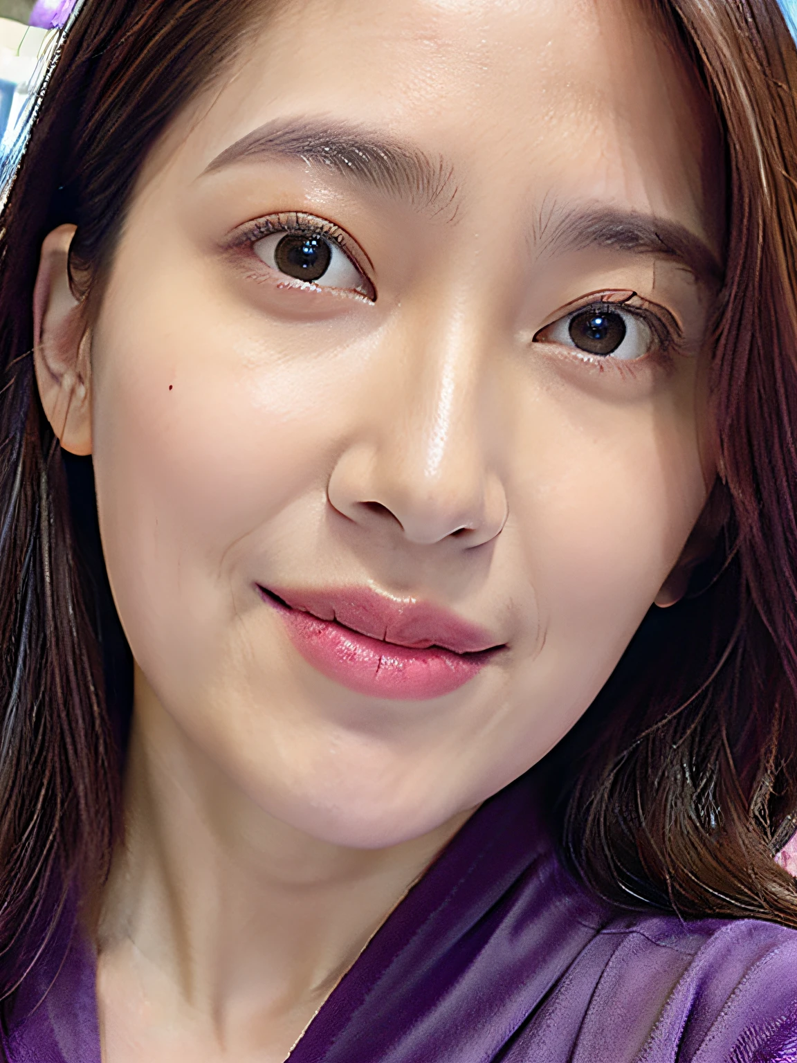 Close up portrait of woman in purple robe and purple shiny pajamas, plump lips, smoothed lip line