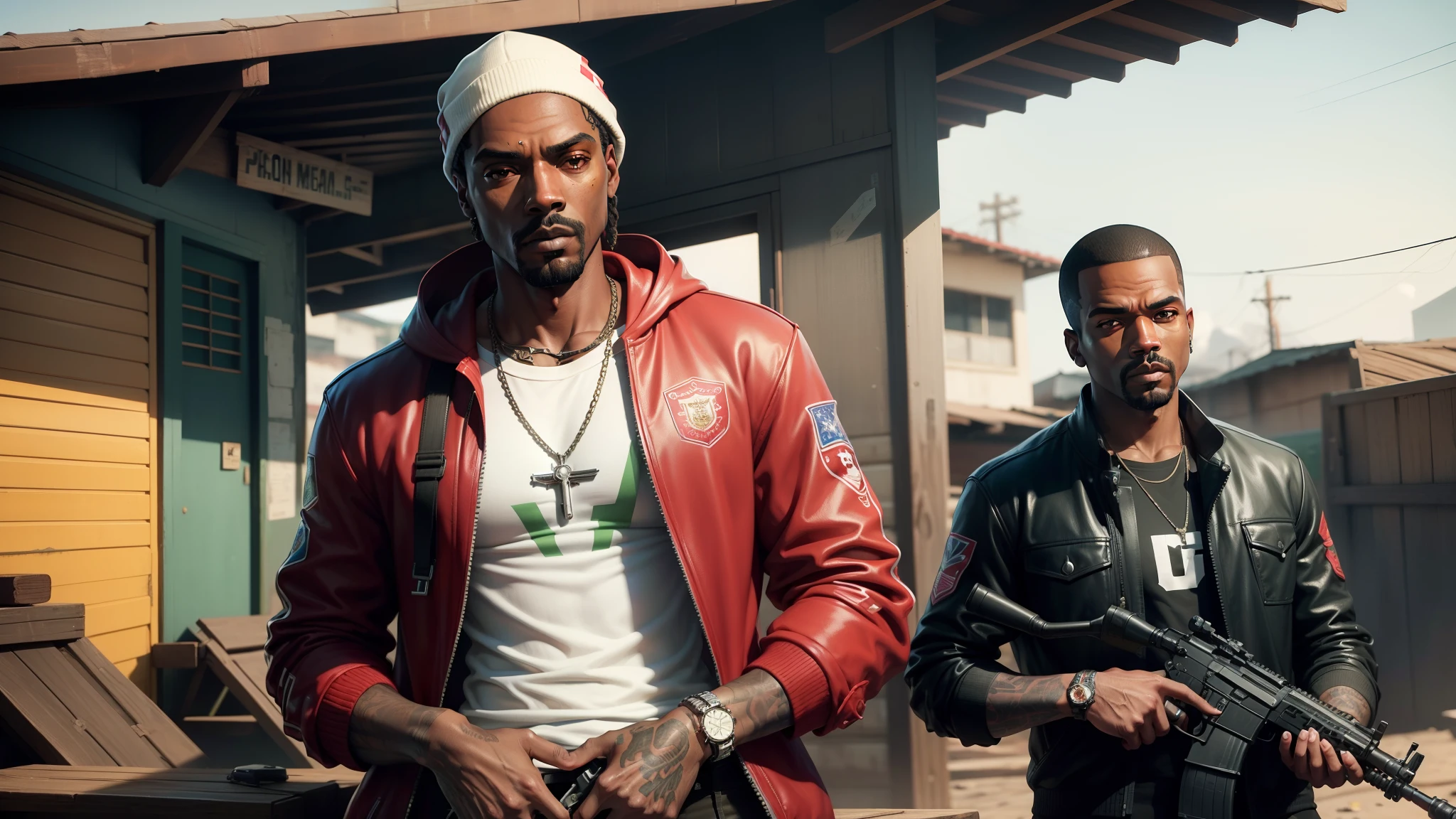There's a man holding a gun on a wooden deck, gta personagem, Como o protagonista de GTA 5, GTA V Estilo, como um personagem de gtav, Kanye West em GTA v, drake em gta v, Estilo GTA5, gta v personagem, empunhando fuzil de assalto, Snoop Dogg em GTA V, gta 5 tom de pele, Jesse Pinkman em GTA v, jaqueta vermelha,AK-47 rifle, cenario de fundo uma favela estilo brasileira, e o personagem com calelo vermelho,nas costas dele uma favela ,estilo brasileira,um geto brasileiro