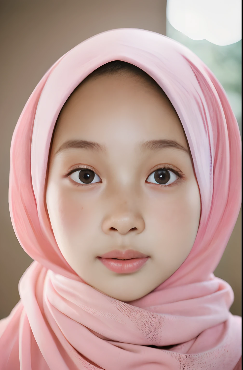 a photo portrait of a beautiful malay girl with hijab and few freckles, (plain pastel pink hijab), (medium shot portrait:1.3), dramatic light , Rembrandt lighting scheme, (hyperrealism:1.2), (8K UHD:1.2), (photorealistic:1.2), shot with Canon EOS 5D Mark IV, detailed face, detailed skin texture