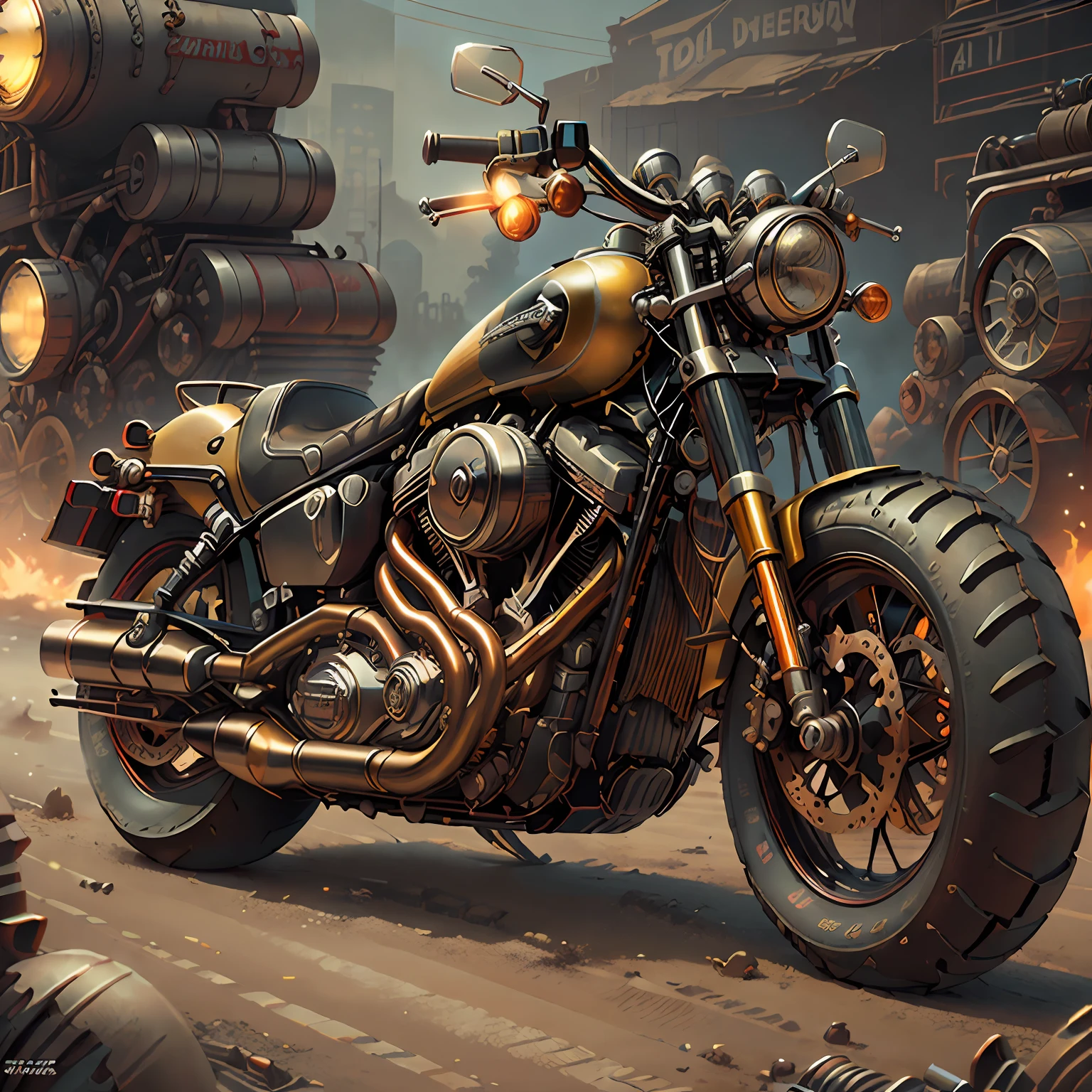 Harley-Davidson FatBob,(total view) ,Mad Max CogPunkAI ,Cores 64 k, (amarelo neon),4D ,rota 66