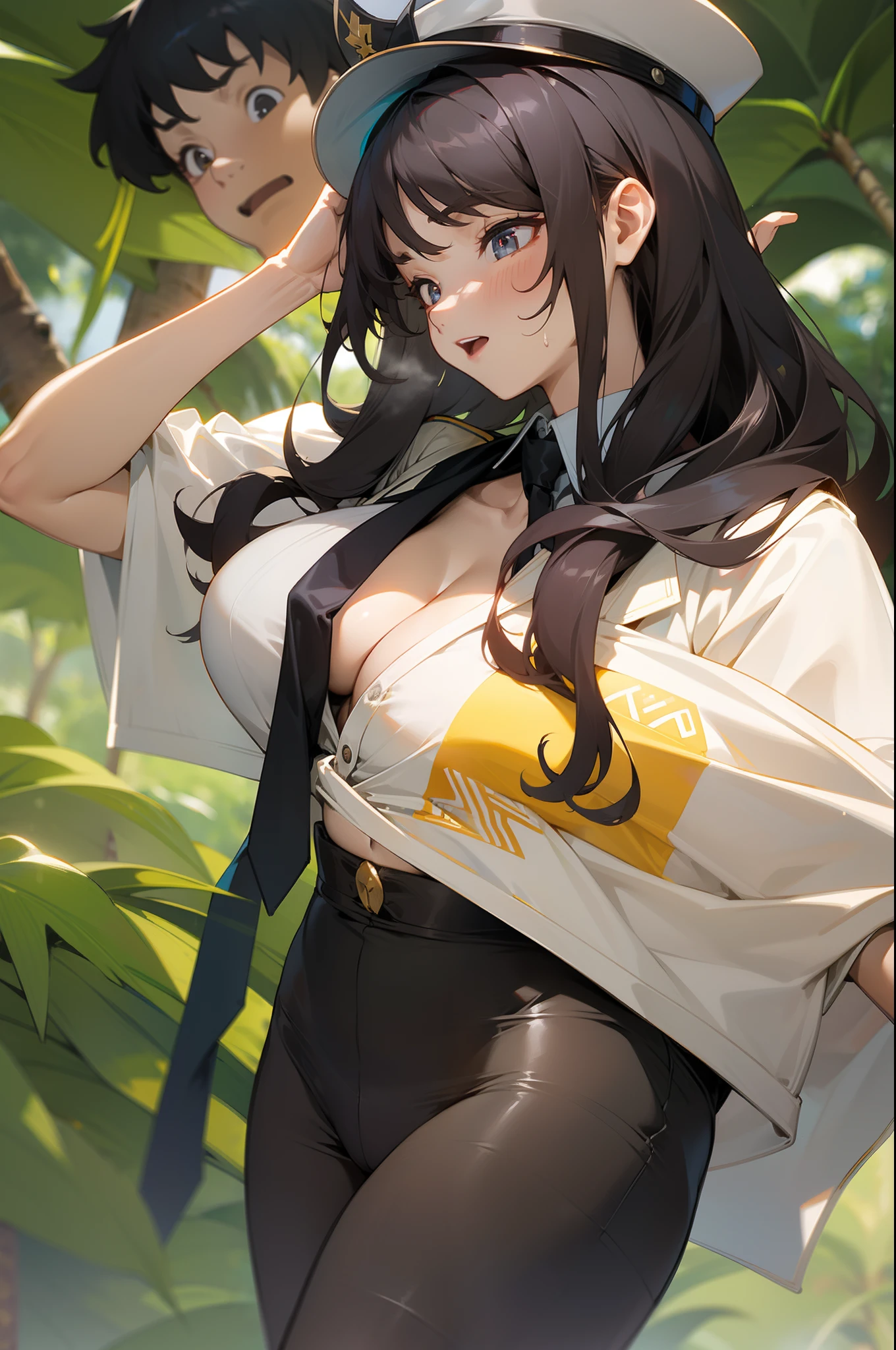 1female,25 age old,Large breasts,Pornographic exposure, 独奏,(Background with:ln the forest,the rainforest,in summer) with his long black hair,standing on your feet,Sweat profusely,drenched all over the body,seen from the front, curlies, mostly cloudy sky,(((tmasterpiece),(Very detailed CG unity 8K wallpaper),best qualtiy,cinmatic lighting,detailed back ground,beatiful detailed eyes,Bright pupils,(Very fine and beautiful),(Beautiful and detailed eye description),ultra - detailed,tmasterpiece,)),facing at camera,A high resolution,ultra - detailed),revealing breasts,Bare genitalia, Bulge,Camel toes,Raised sexy,Flushed complexion,Open-mouthed,frontage,girl soldier,military hat(Wearing:White loose shirt,black necktie,Pantyhose,Red cape)nakeness,high-heels(((Thoracic beak)))(NSFW)((Super large chest))