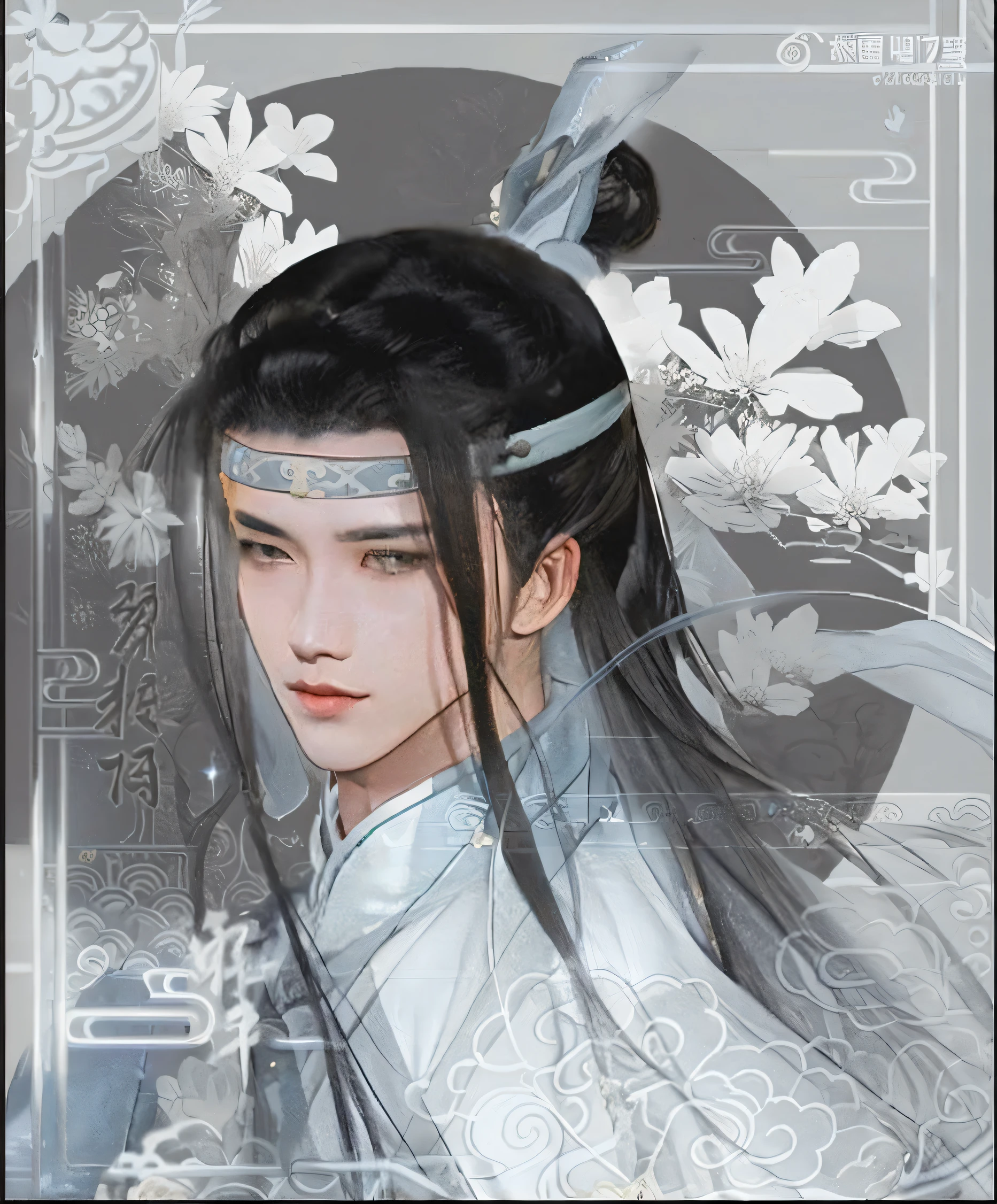 a close up of a person with a hair band and a flower, inspired by Guan Daosheng, beautiful androgynous prince, zhao yun, inspired by Bian Shoumin, inspired by Zhao Yuan, delicate androgynous prince, inspired by Zhang Han, heise jinyao, inspired by Huang Gongwang, inspired by Zhang Wo, inspired by Dong Yuan