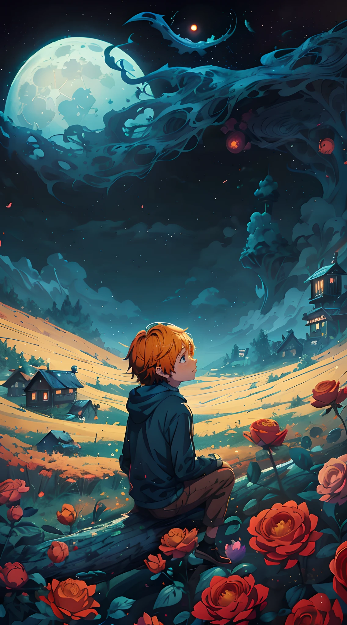 there is a boy sitting on a log looking at the moon, inspired by Cyril Rolando, cyril rolando and goro fujita, a beautiful artwork illustration, in style of cyril rolando, beeple and jeremiah ketner, makoto shinkai cyril rolando, ross tran and michael whelan, beautiful art uhd 4 k