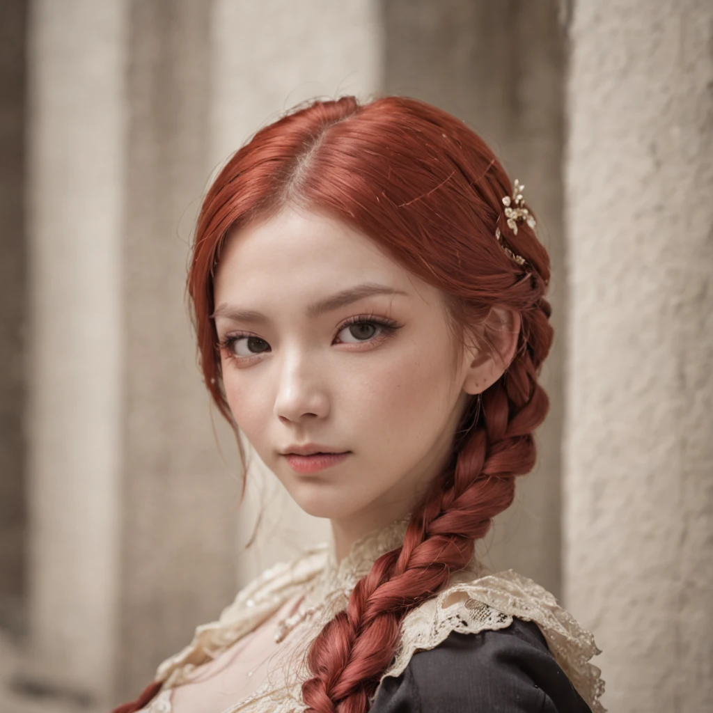 red hair, braid, mole under eye, shy, cheek bulge, Verism, lineup, pov, Canon, textured skin