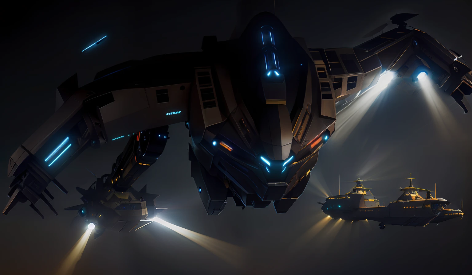 Giant robots towering over the sea,There are helicopters circling around,High quality digital concept art, high-quality concept art, high resolution concept art, Ray traching, sub surface scattering, PBR Texture, post-proces, Anisotropic filtering, depth of fields, Maximum clarity and sharpness, Many-Layer Textures, Albedo e mapas Speculares, Surface coloring,Accurately simulate light-material interactions,perfectly proportions,rendering by octane,twotonelighting,Low ISO,White balance,trichotomy,Wide aperture,8K raw data,High-Efficiency Sub-Pixel,sub-pixel convolution,Luminous Particle,Light scattering,Tyndall effect
