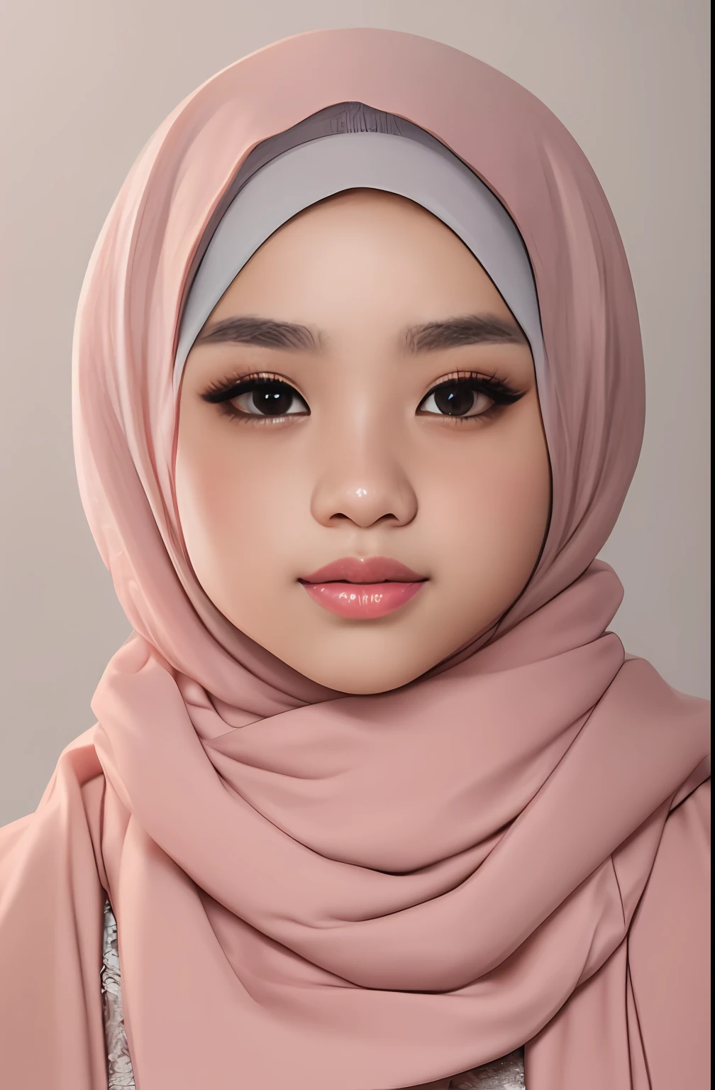 a photo portrait of a beautiful malay girl with hijab and few freckles, (plain pastel pink hijab), (medium shot portrait:1.3), dramatic light , Rembrandt lighting scheme, (hyperrealism:1.2), (8K UHD:1.2), (photorealistic:1.2), shot with Canon EOS 5D Mark IV, detailed face, detailed skin texture