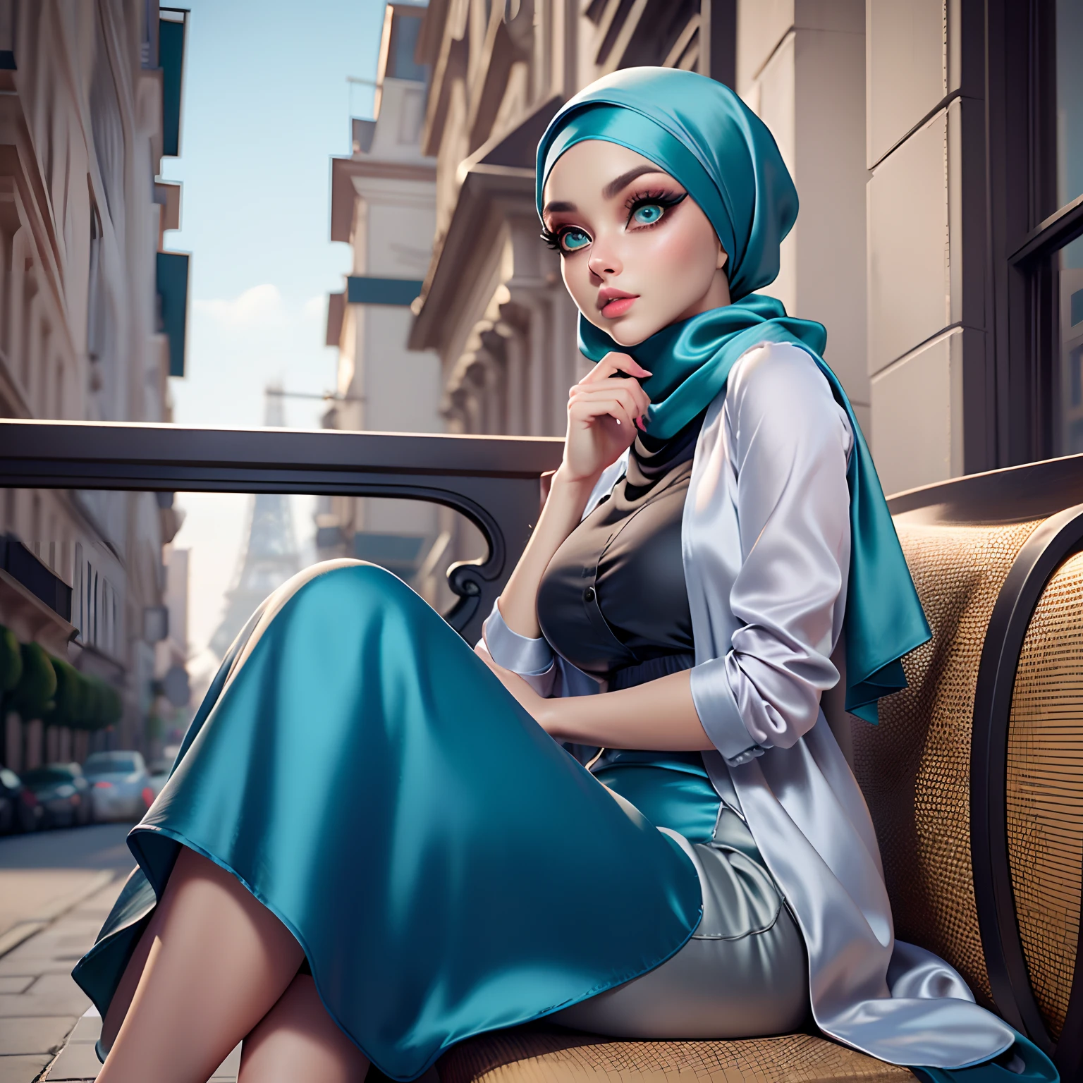 Masterpiece, Best Quality, 3D Rip Artwork, 3DMM Style, photography, Portrait, Realism, highly detailed, full length frame, High detail RAW color art, diffused soft lighting, shallow depth of field, sharp focus, hyperrealisma, a woman, beautifully makeup, eyeshadow, Parted Lips, Challenge Eye, beautiful big eyes, long eye lashes, wearing ((gray satin headscarf)), loosely tide hijab style, ((teal satin shirt)), satin long maxi skirt, long cardigan, sitting on a chair outside of a coffee shop, Eiffel tower view