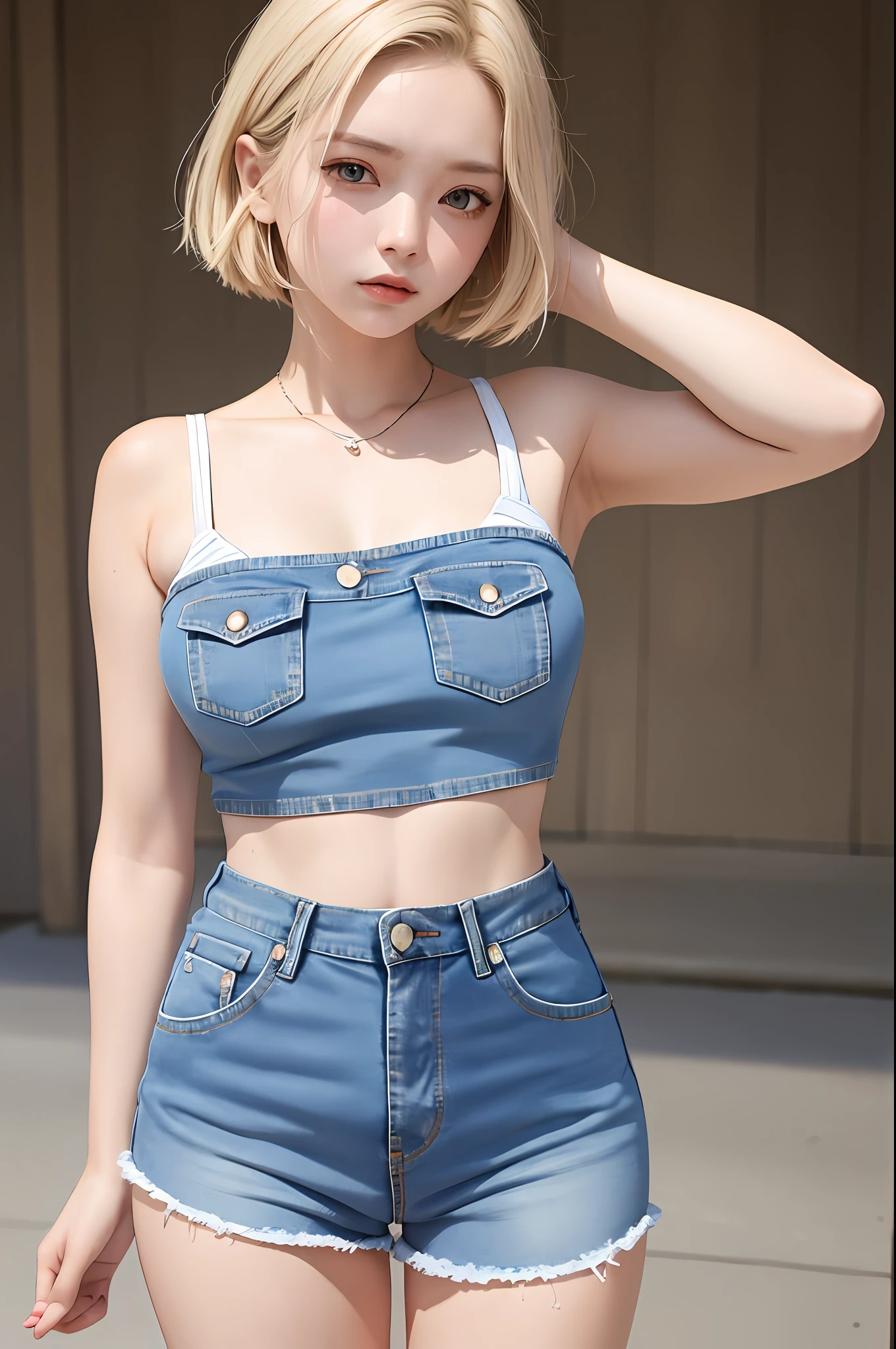 1girl, adjusting clothes, ass, denim shorts, crop top, blonde hair, park,, masterpiece, best quality, highly detailed