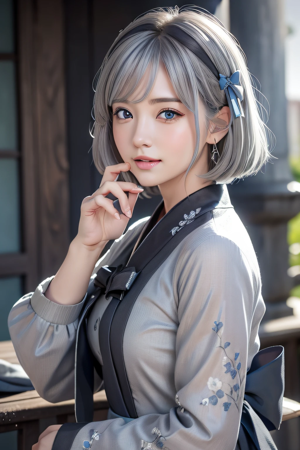 (Blue eyes:1.2)、The best smile、(Ash gray hair:1.5)、、short-hair,Sauce order、(8K、Raw photography:1.2)、top-quality、超A high resolution、dramaticangle、(fluttered detailed color splashs)、(Cute Japan Girl)))、(cabelos preto e longos)、(Sateen:0.9)、bow ribbon、There is an ancient palace next to the girl、 Hanff、(emphasized)、、(splashed color)、splashed color、(((colourfull)))、(Sketched:0.8)、​masterpiece、top-quality、beautiful painted、ighly detailed、(denoise:0.6)、[Splash ink]、((Ink refraction))、(Beautiful detailed sky)、 a moon, muito, detaileds, (​masterpiece, top-quality, ighly detailed) , ​masterpiece, top-quality, ultra-detailliert), (garlic),