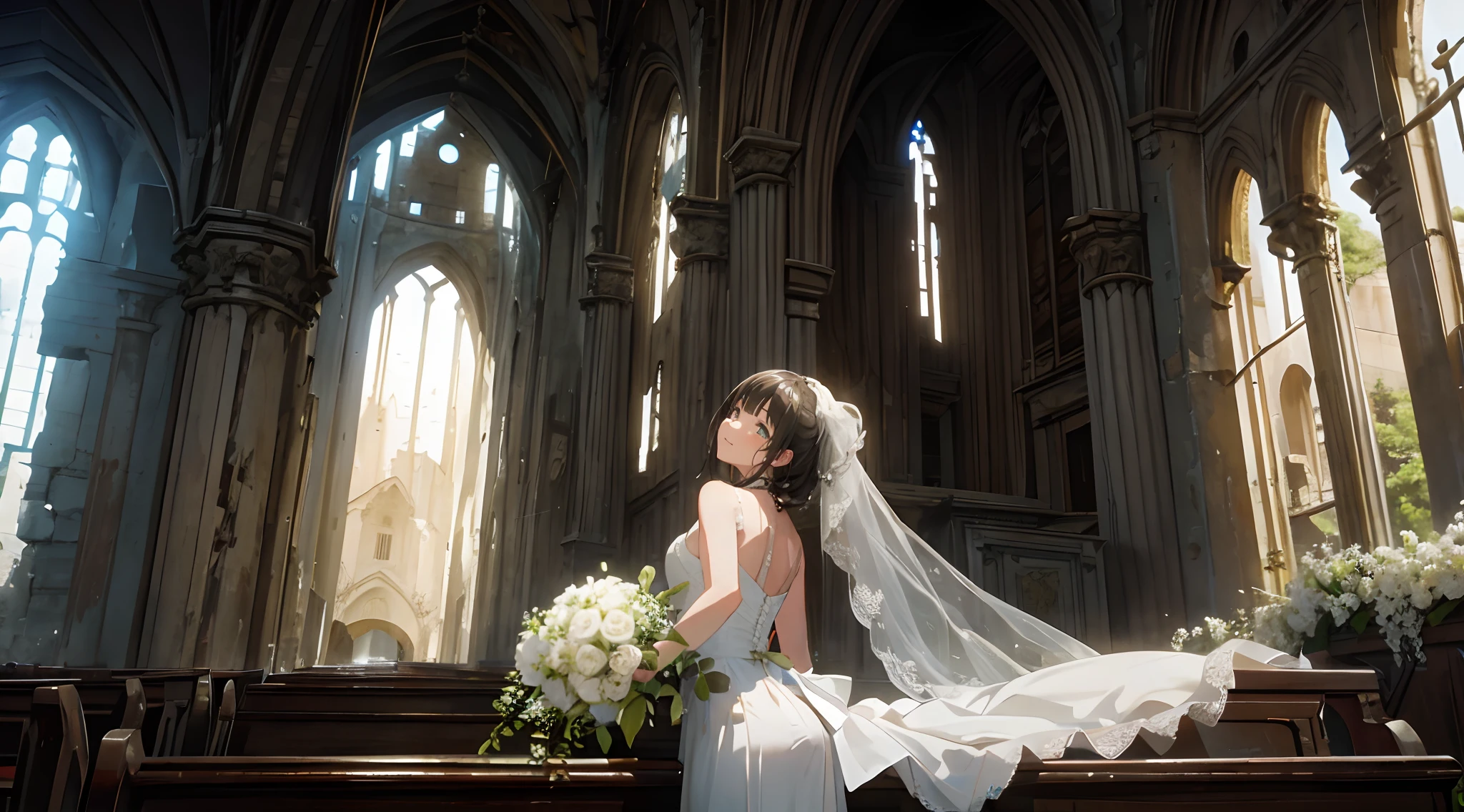 (Masterpiece, Best quality), A dilapidated church,A girl in a wedding dress holds white flowers,crying with joy,Detail surface,Look sideways at the audience,Detail surface,High details,Mid shot,post apocalyptic ancient ruins