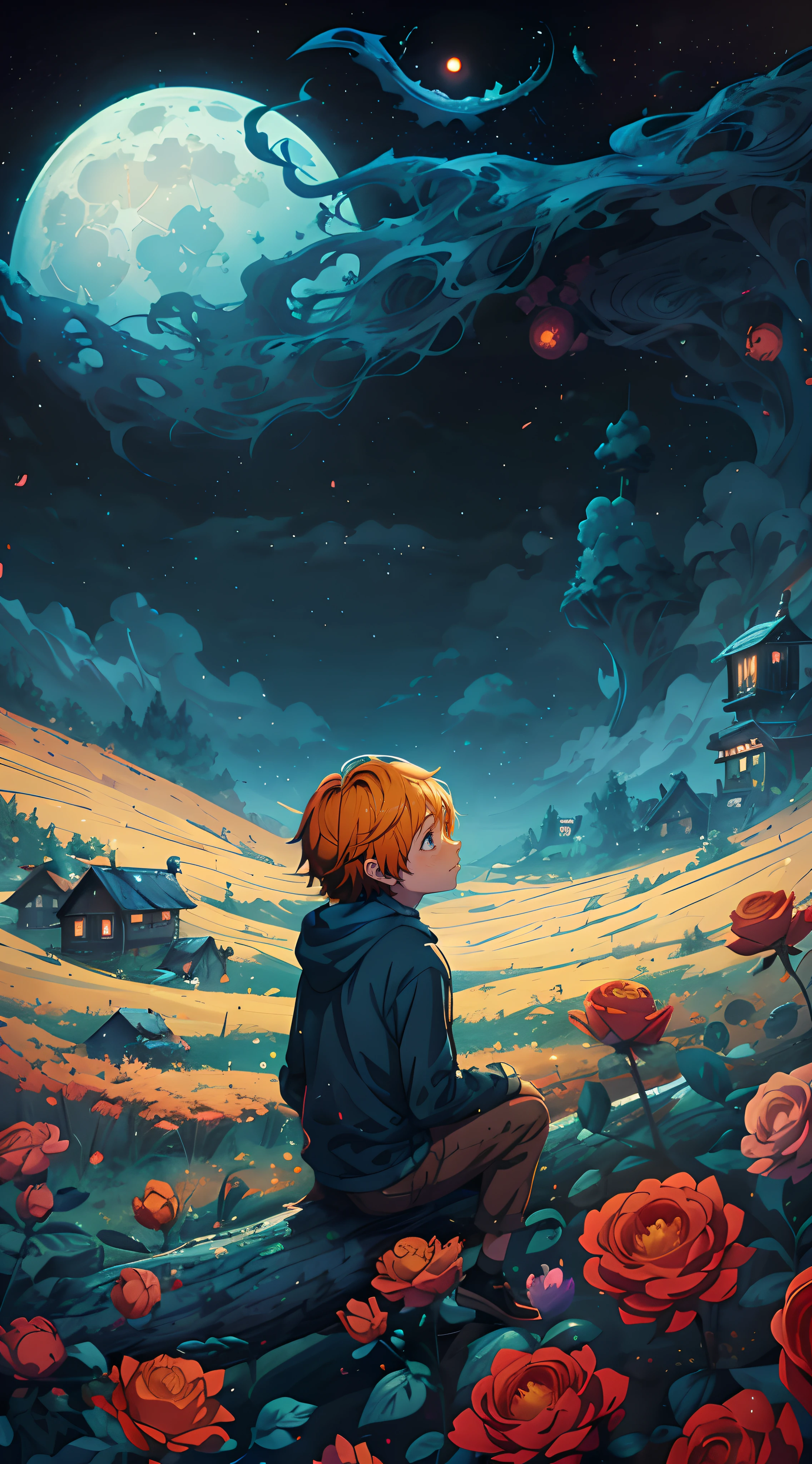there is a boy sitting on a log looking at the moon, inspired by Cyril Rolando, cyril rolando and goro fujita, a beautiful artwork illustration, in style of cyril rolando, beeple and jeremiah ketner, makoto shinkai cyril rolando, ross tran and michael whelan, beautiful art uhd 4 k