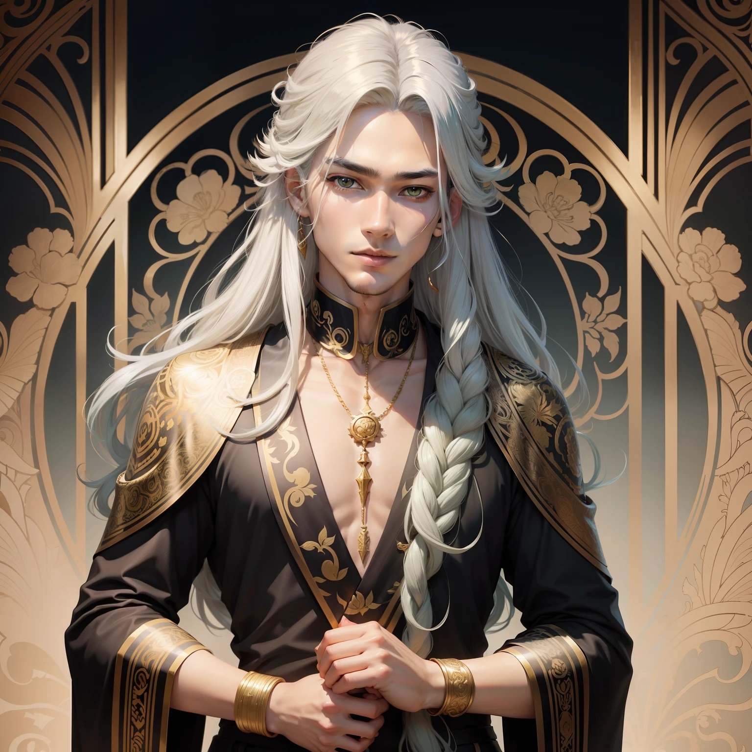 Facial portrait of young handsome teenager in Asia，long whitr hair，Gray hair has green dye，Has golden snake-like eyes，He wears a gold serpentine bracelet on his wrist，Floral frame，Decorative panels，abstract artistic，Alphonse Mucha（tmasterpiece，best qualtiy，A high resolution：1.4），A detailed，complexdetails，4K，splash of color，Line art，Fibonacci,