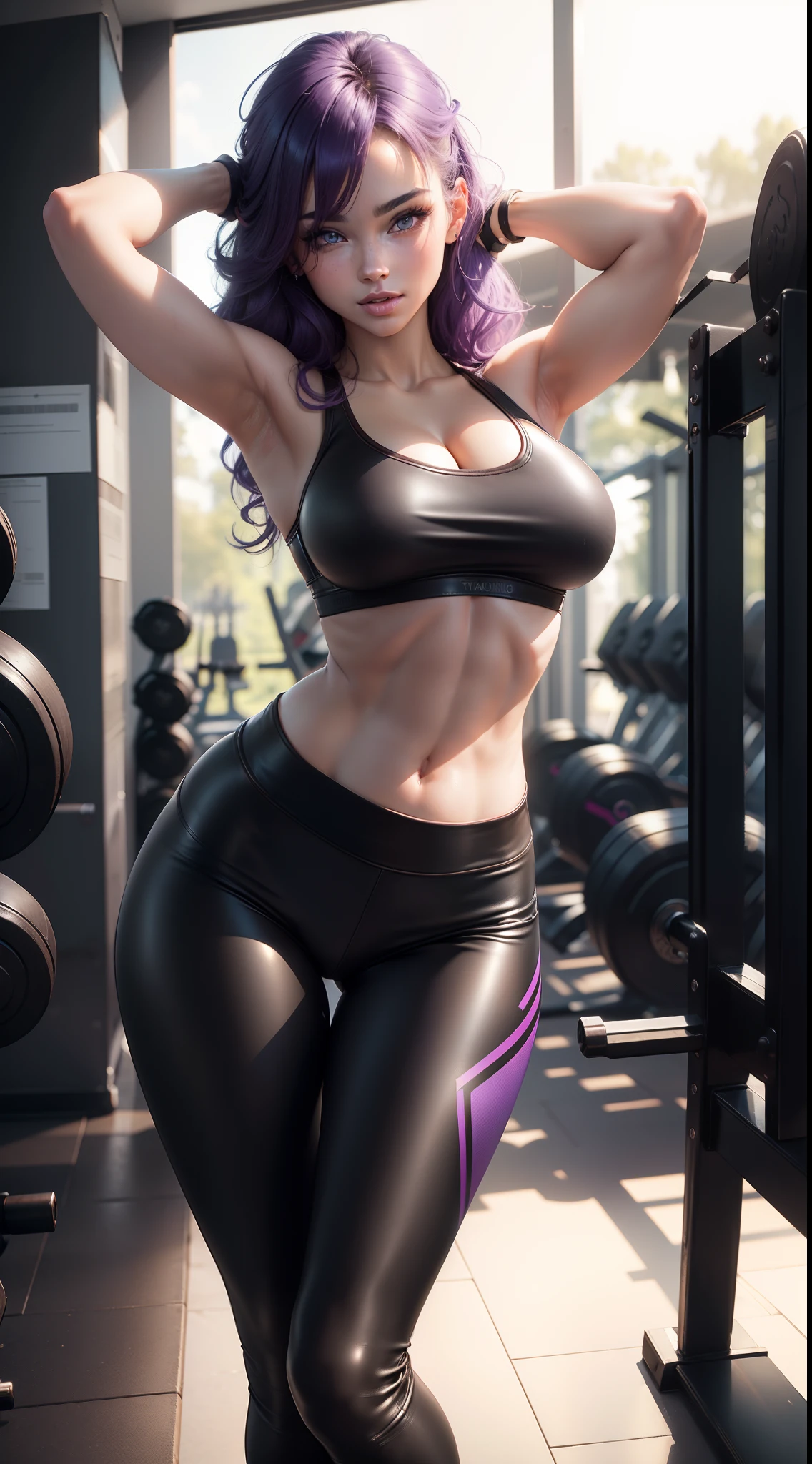 8k, highres, ultra detailed, (masterpiece:1.4), best quality, symmetrical body, a beautiful 18 year old girl, (gym bra and leather leggins:1.5), full body shot, cute, solo, (14 inch hair:1.4), purple hair, blue eyes, glow effect, finely eye, detailed face, looking at viewer, smilling at viewer, leaning forward, dominant look, (seductive:1.4), big breasts, sun, rim light, gym, (sexy pose:1.4)