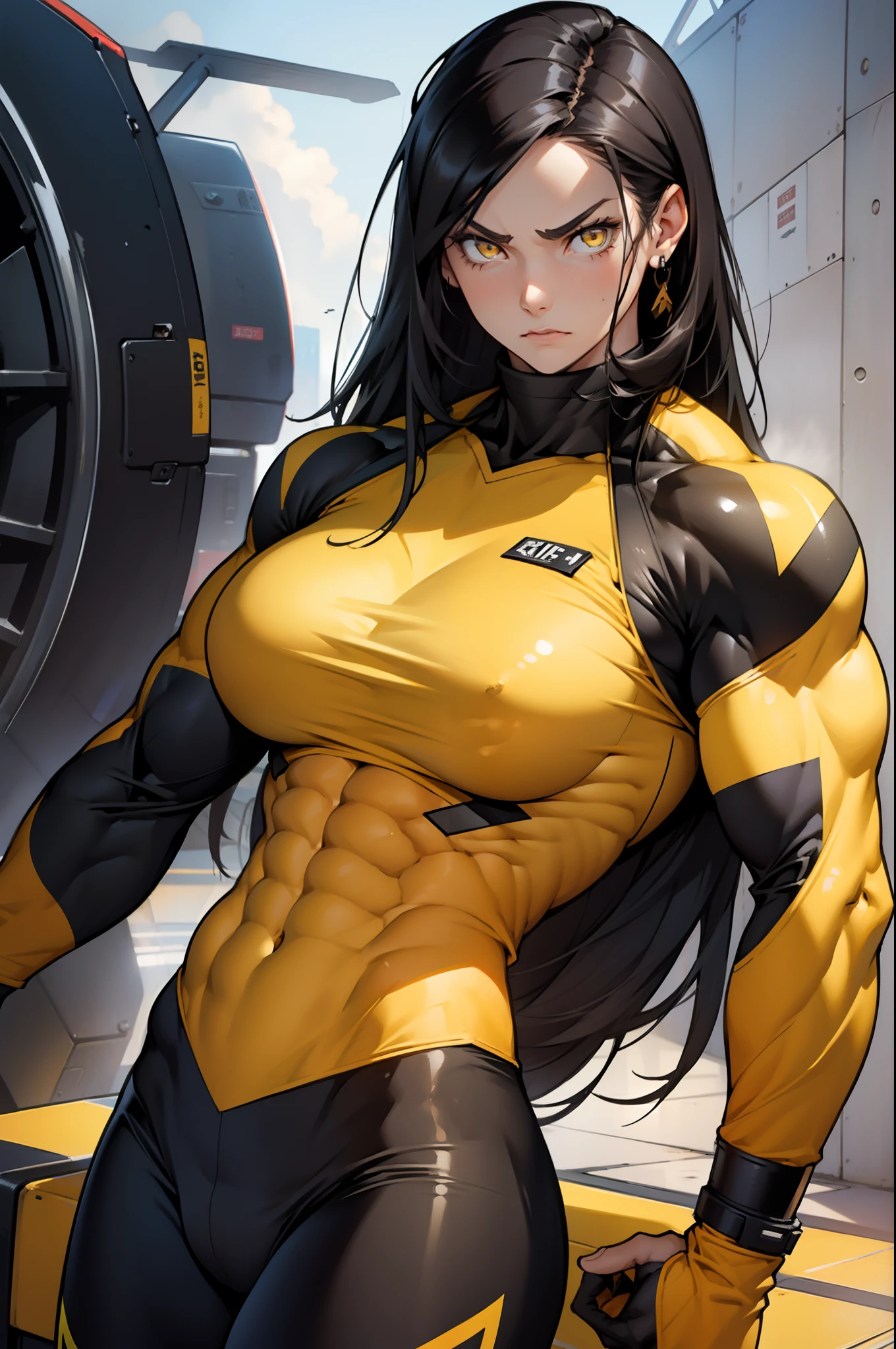 (((((1 girl))))), black hair, very long hair, yellow eyes, (((((((muscular))))))), toned body, ((large )), angry, pale skin, (pilot suit)