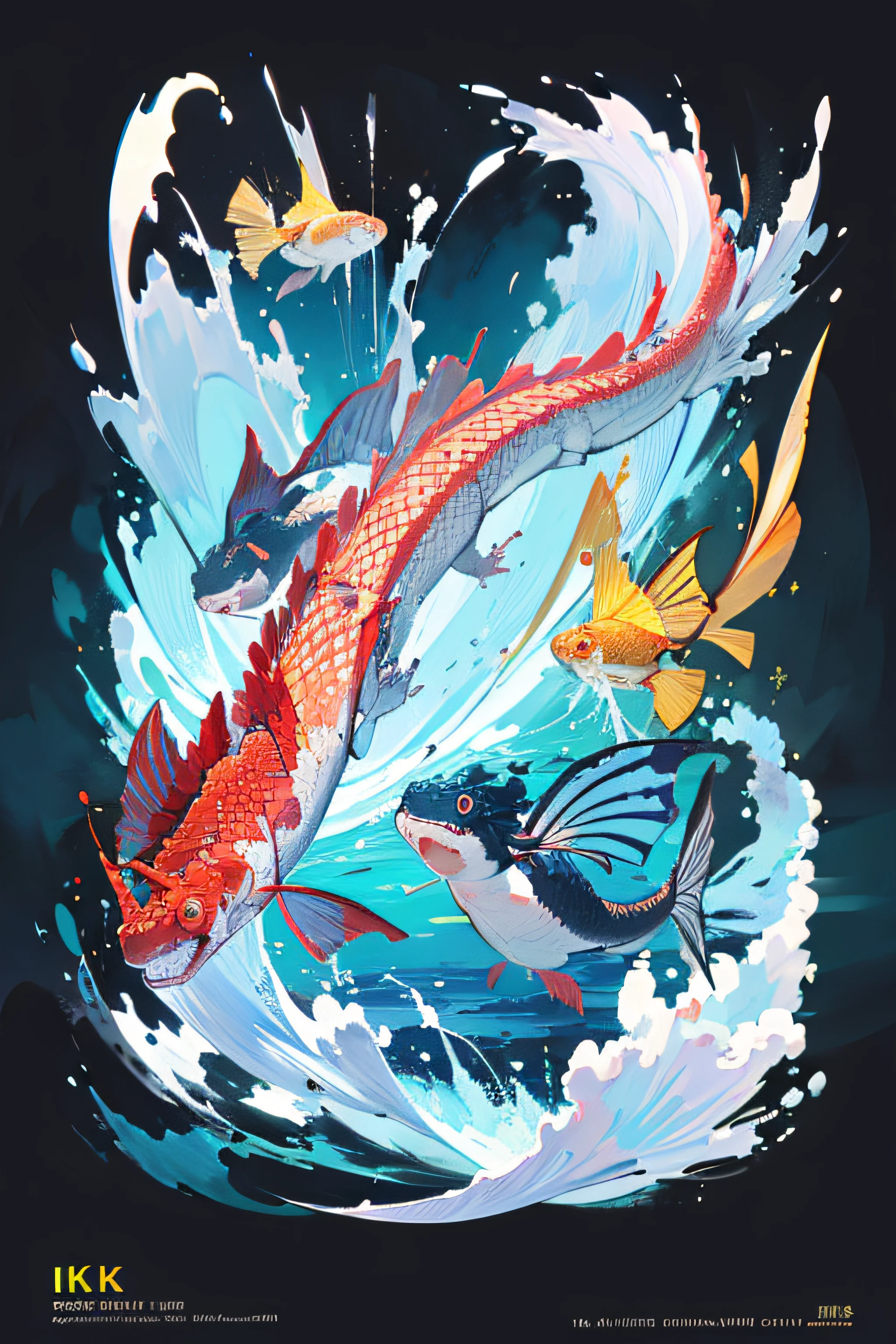 (8K, 4K, Best quality, A high resolution:1.2),Carp jumping dragon gate,Ichthyosaurus,illustration,Line drawings,Jumping action,Cute fish turn into Chinese dragons