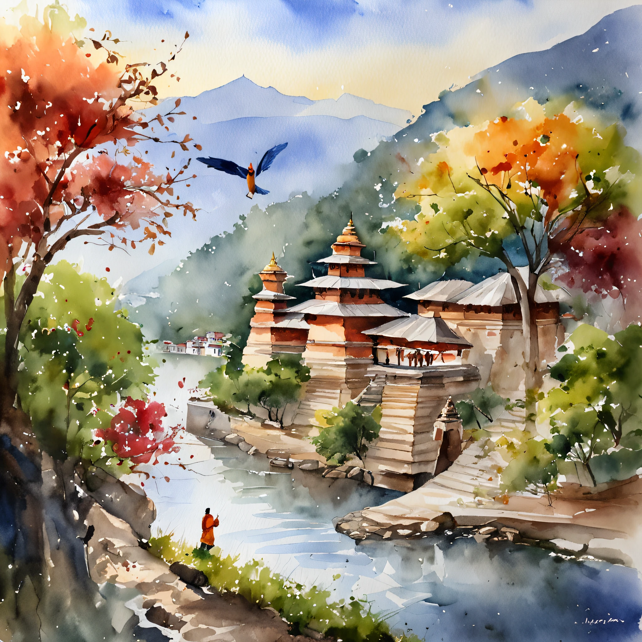 pashupati nath temple sunshine boy pray apple tree,bird fly,river near temple,mountain in background