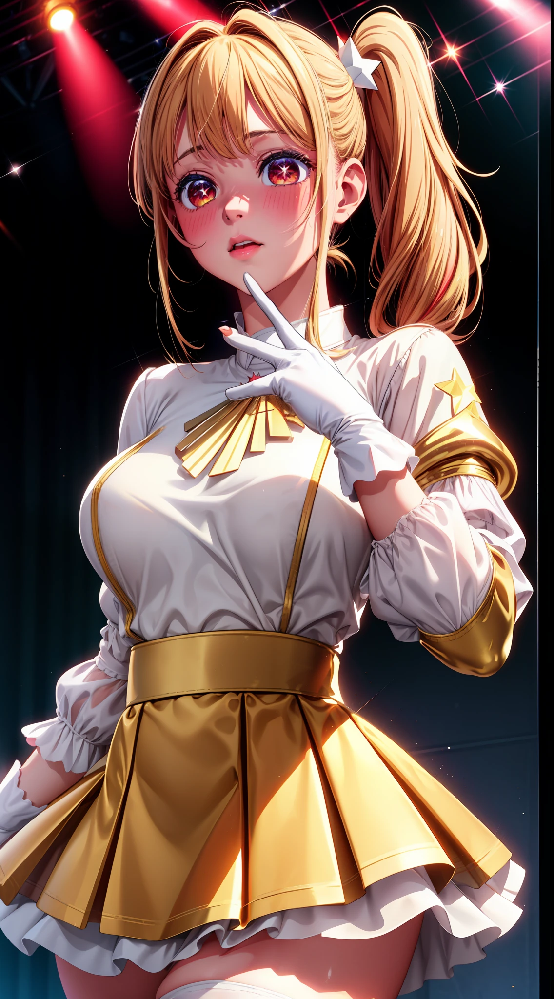 realistic, 1girl, dark golden hair, golden eyes, side ponytail, star-shaped pupils, idol white shirt, white skirt, parted lips, blush, stage light background, red gloves, hair ornament, perfect limbs, perfect hands, perfect fingers
