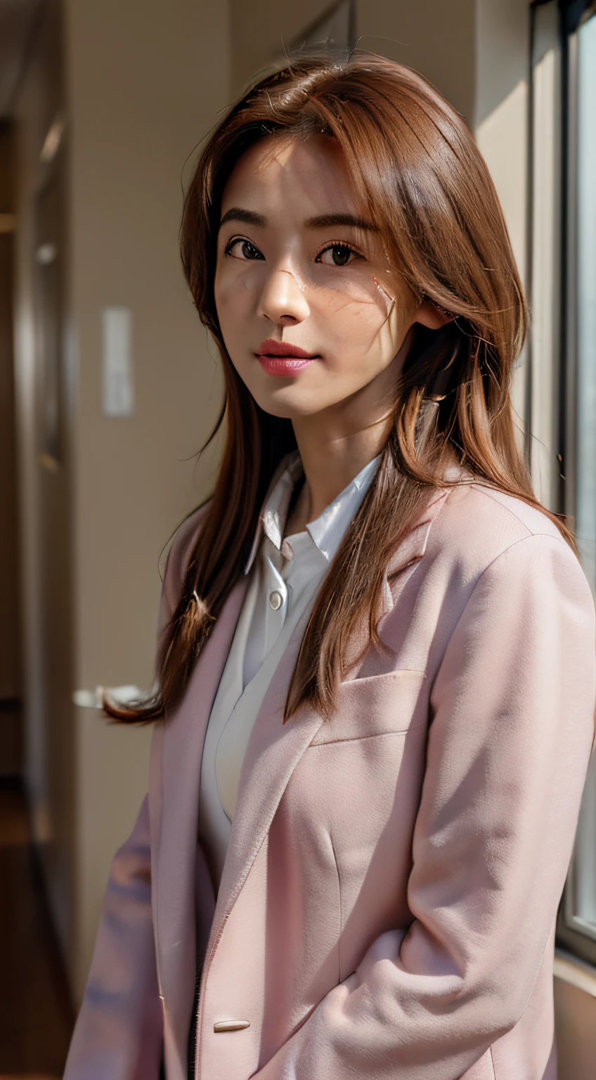 (professional, 4K, high resolution, photo-realistic:1.3), a poised and confident doctor donning a soft pink duty coat, (neatly tied back chestnut hair exuding professionalism:1.2), (expressive brown eyes reflecting compassion:1.2), standing in a modern hospital corridor, (clean and well-lit environment conveying efficiency:1.1), medical equipment subtly visible in the background, (gentle natural light streaming through large windows:1.1), (focused yet approachable demeanor:1.1), (Sony Alpha 7 III camera, perfect for capturing professional portraits:1.2), (paired with a Sony FE 24-70mm f/2.8 GM lens:1.2), (capturing her dedication with precision:1.1), (emphasizing the contemporary medical setting:1.1), (highlighting her caring and capable aura:1.1), (the image resonating with a sense of trust and expertise:1.1)