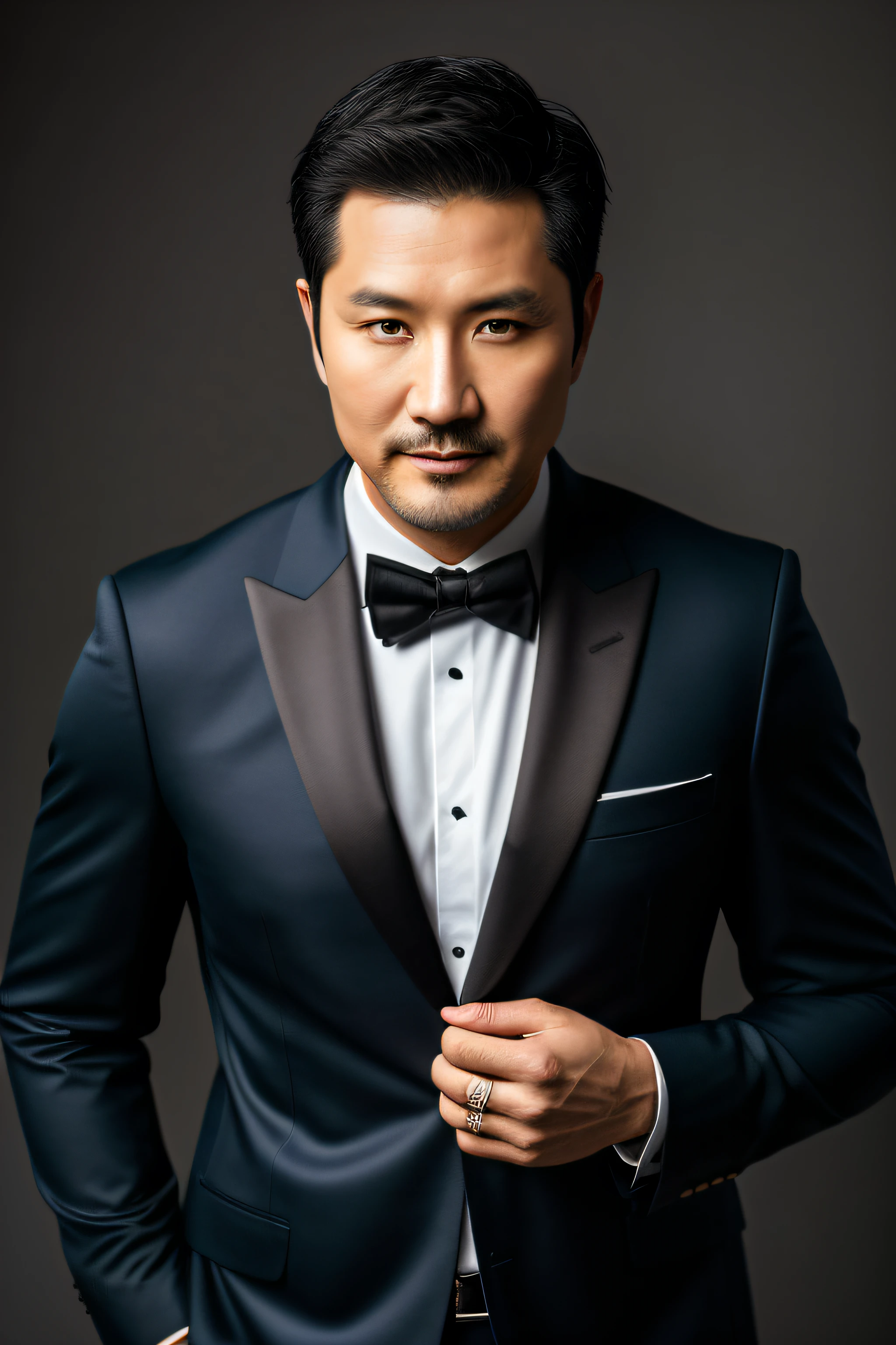 Body portrait of actor Hu Ge with black hair, Handsome, perfect eyes, (eye makeup:1.1), (highly detailedskin:1.1), (perfect body figure), dressed in a suit, , realisticlying, realisticlying, Detailed face, gentlesoftlighting, model shoot style, professional photoshooting, Stand in dark studio background, vague background, RAW, analogue style, tack sharp focus, 8K UHD, digital SLR camera, high high quality, FUJI XT3, cereals, Award-Awarded, tmasterpiece,