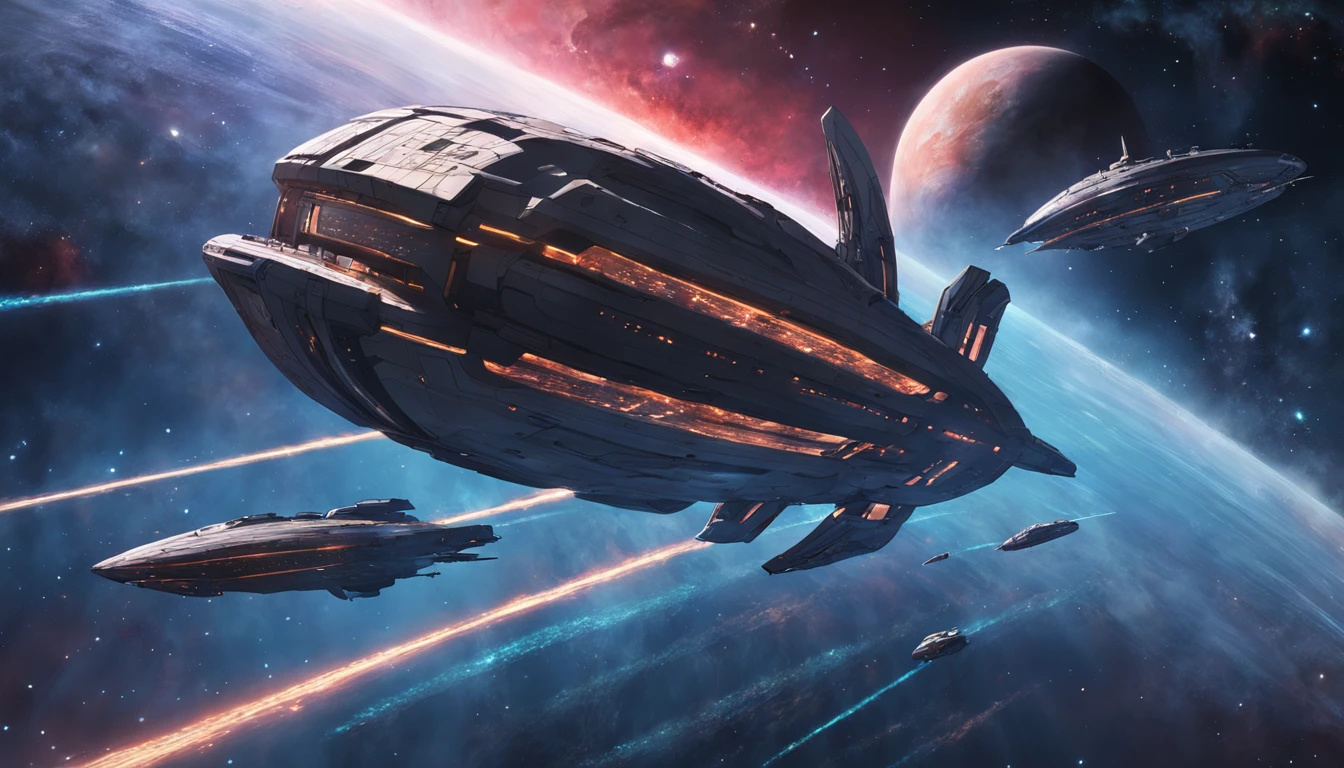 Illustrate a convoy of interstellar ships traveling through a nebula-rich region of space. Each vessel represents a different alien race, showcasing the unity and diversity of life in the intergalactic realm