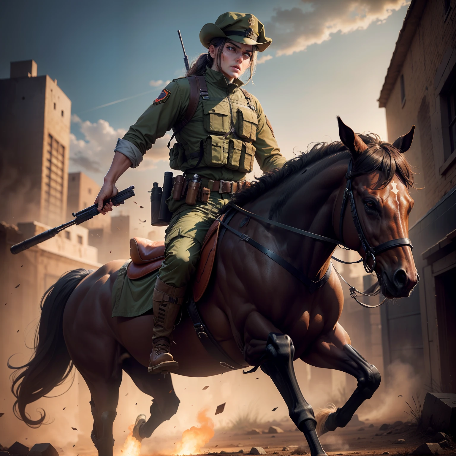 tactical soldier on horse and shooting zombie