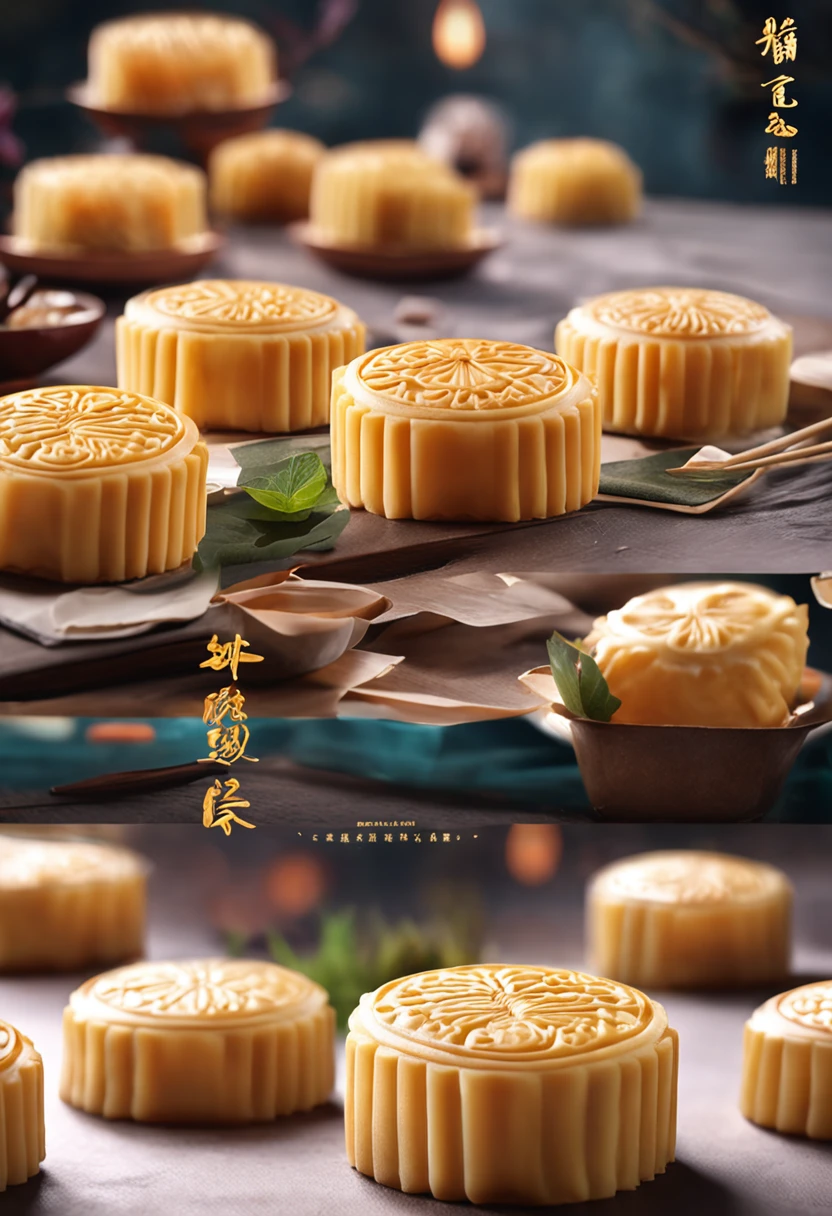 Commercial shooting, Cantonese egg yolk mooncakes, Mooncake size, poster for, Fresh style background, elegant, Booth lighting, Attractive, photorealistic colors, Ultra HD