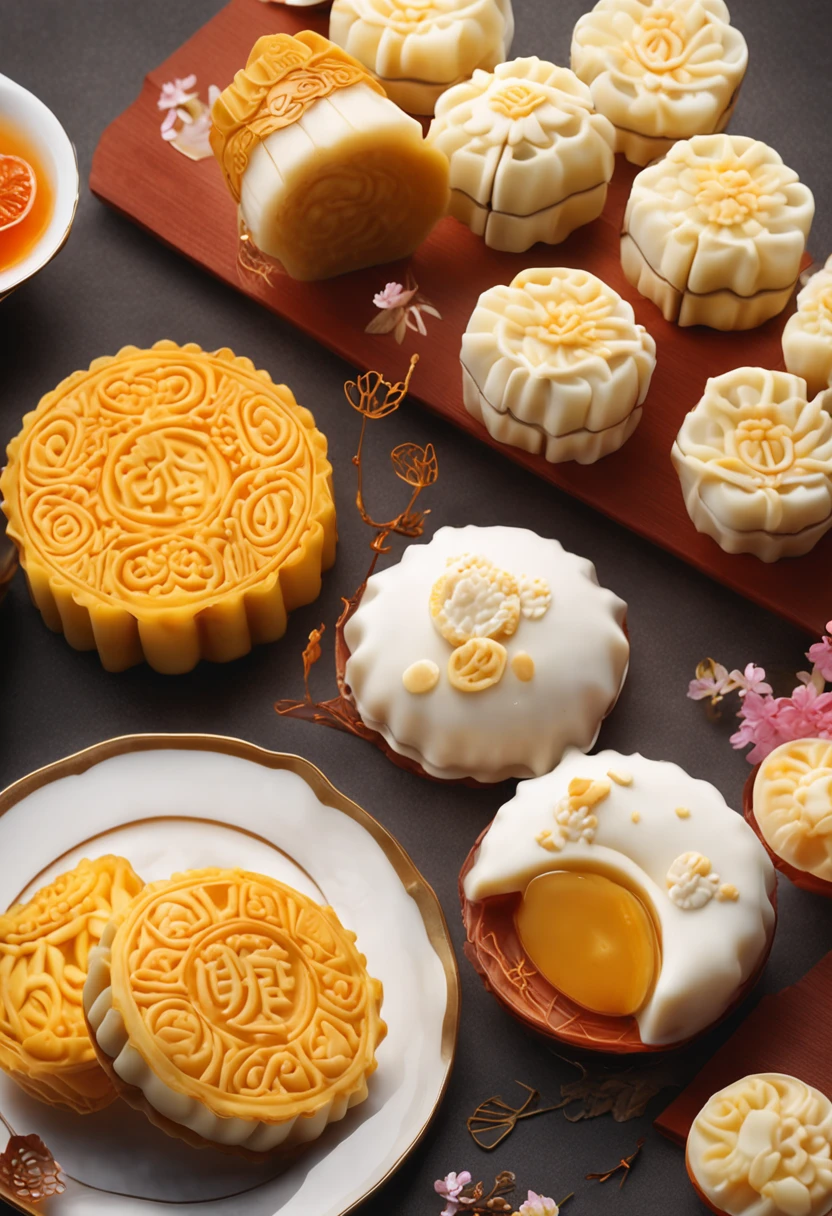 Commercial shooting, Cantonese egg yolk mooncakes, Mooncake size, poster for, Fresh style background, elegant, Booth lighting, Attractive, photorealistic colors, Ultra HD