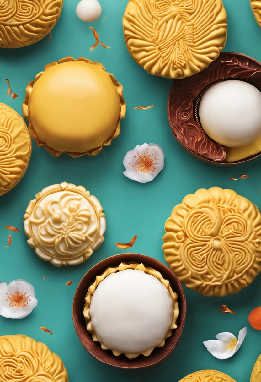 Commercial shooting, Cantonese egg yolk mooncakes, Mooncake size, poster for, Fresh style background, elegant, Booth lighting, Attractive, photorealistic colors, Ultra HD