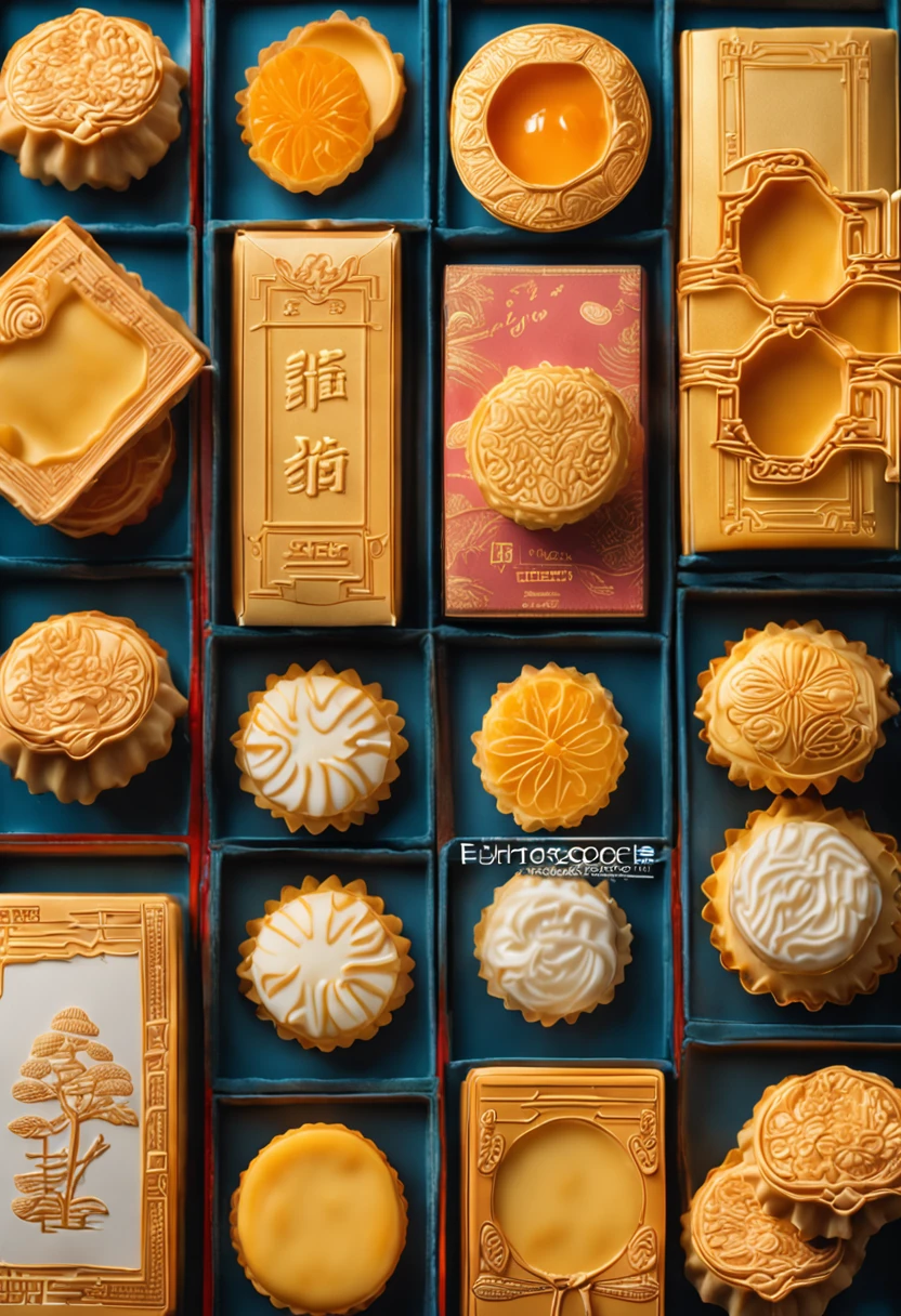 Commercial shooting, Cantonese egg yolk mooncakes, Mooncake size, poster for, Fresh style background, elegant, Booth lighting, Attractive, photorealistic colors, Ultra HD
