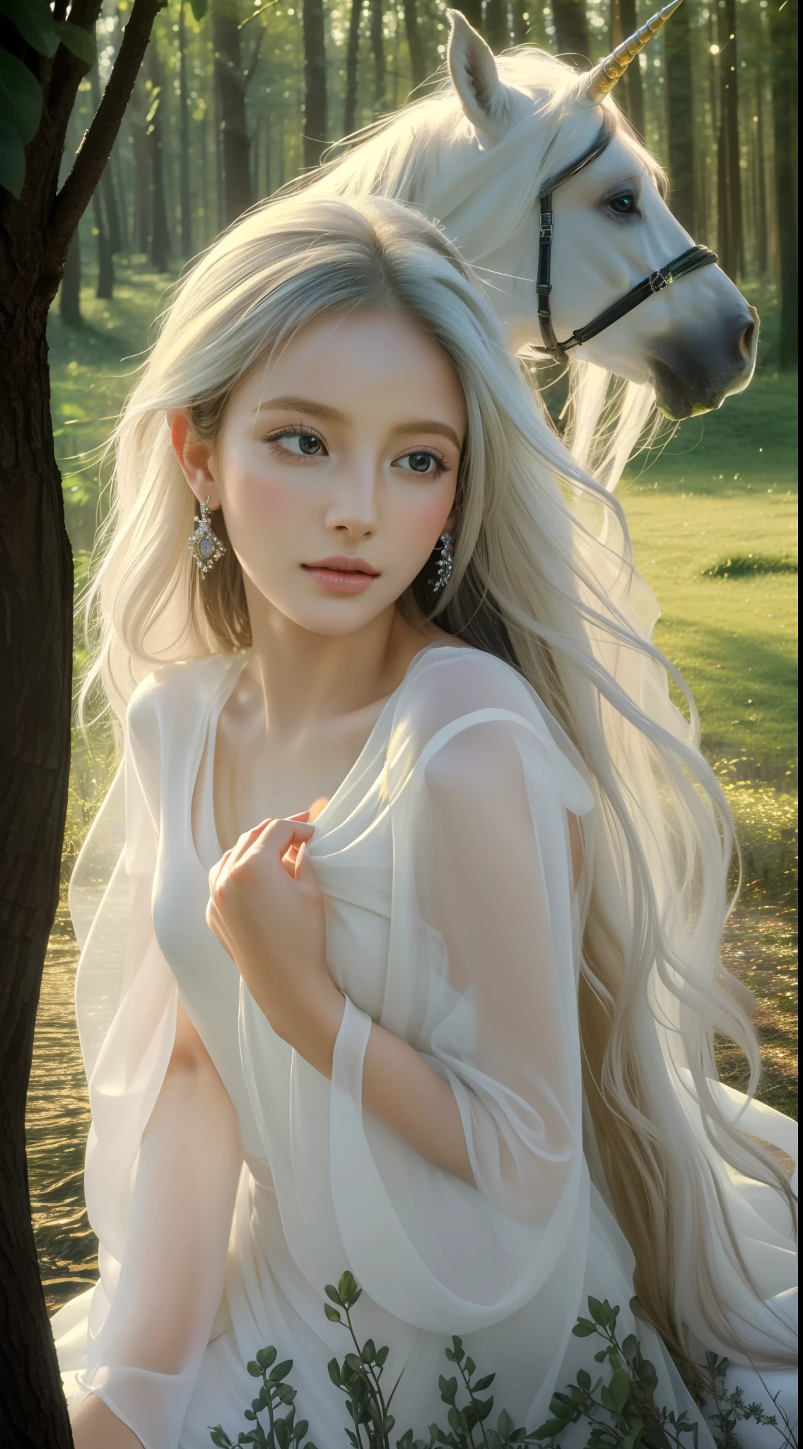 Clothes, ,(masterpiece,best quality:1.4),(8k,raw photo,photo realistic:1.2),shiny skin,detailed skin,detailed face,detailed eyes, beautiful woman, beautiful face,Unicorn-inspired spirit girl, Pure and mystical, Graceful presence, Ethereal and luminous skin, Flowing white silk-like hair, Deep and wise eyes, Attire infused with natural elements, Harmony of elegance and nature, Connection to life's essence, Gentle and soothing aura, Enchanting and magical energy,