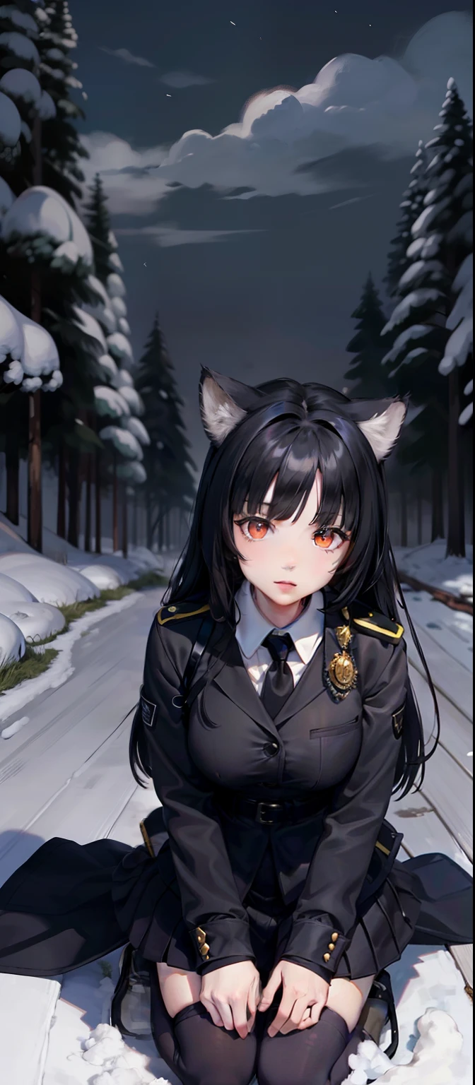 Snowy forest, Black hair, Cat ears, Cat girl,  Red eyes, Kneeling,  Officer uniform, , Germany, Black officer uniform