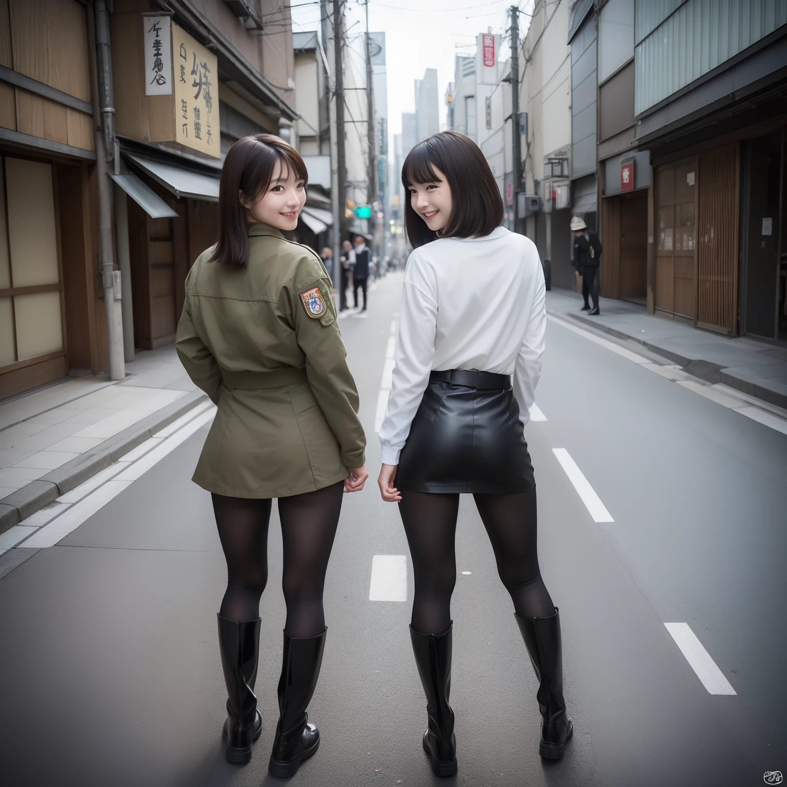 ((Japan Beautiful Girl))18year old、childish、Bob Hair、bob cuts、(Full body shot 1.5)、A dark-haired、8K、Super beautiful、masterpiece、a beauty girl、(((Turn around 1.8)))、(smile1.3)、posterior view、long boots、Wear long black boots、Background in the city、Intersection in the background、Background building、real looking skin、Beautiful skins、A mischievous smile、Super beauty、childish、Brown eyes、japanes、Turned、collateral、Constriction of the lower back、Tight buttocks、small ass、stick out buttocks、Turn your back to us、Wearing military uniforms、troop、Wearing a military uniform、Wearing a uniform、Black military uniform、Military Personnel、Holding a military sword in his left hand、Army uniform、-face