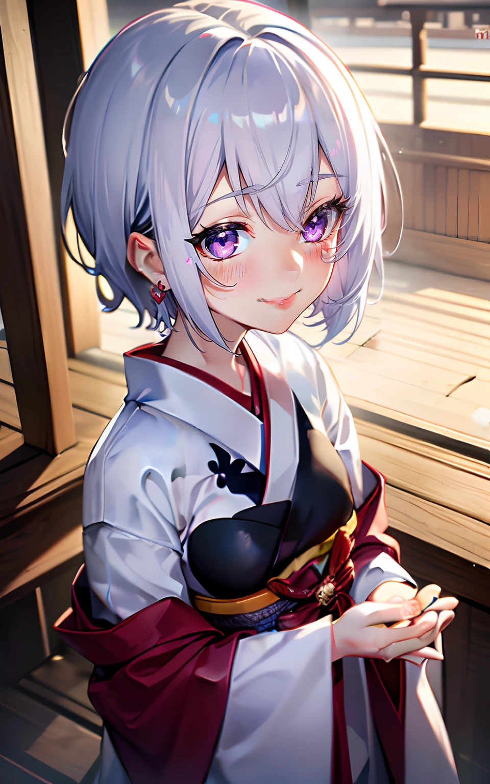 1 girl, short hair, silver hair, white hair, purple eyes, masterpiece, pov, small breast, absurdres, messy hair, cute smile, winking, blushing, nice hands, girl in clothing of Japanese shrine maidens, (heart in the pupils:0.2), floating heart, heart earrings, white hair, full-face blush