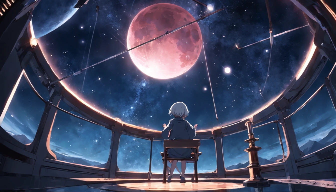 Imagine an observatory on a moonlit world, where an astronomer gazes through a powerful telescope at distant galaxies. The scene should evoke a sense of wonder and curiosity about the cosmos