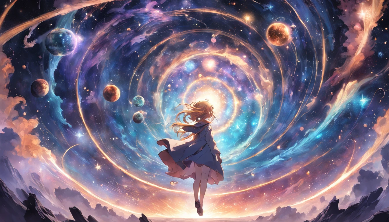 Depict a cosmic alchemist floating amidst swirling galaxies, crafting stars and planets from ethereal materials. Capture the magical blend of science and mysticism in this interstellar atelier